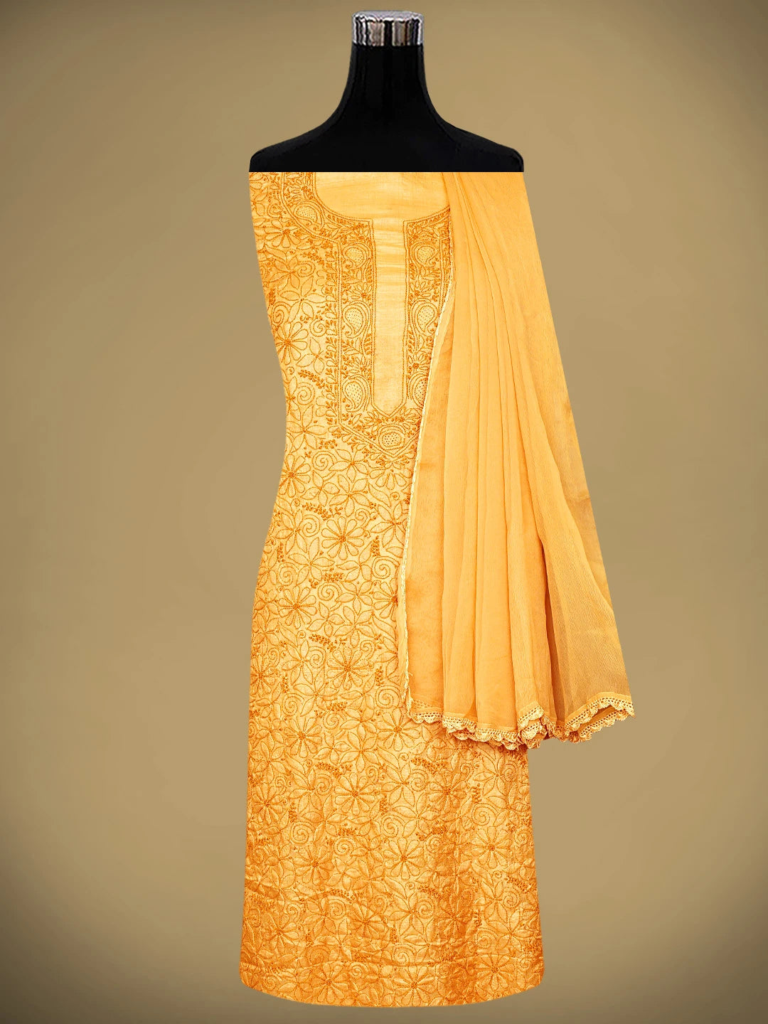 Ada Hand Embroidered Mustard Silk Lucknowi Chikankari Unstitched Suit Piece 01A965511