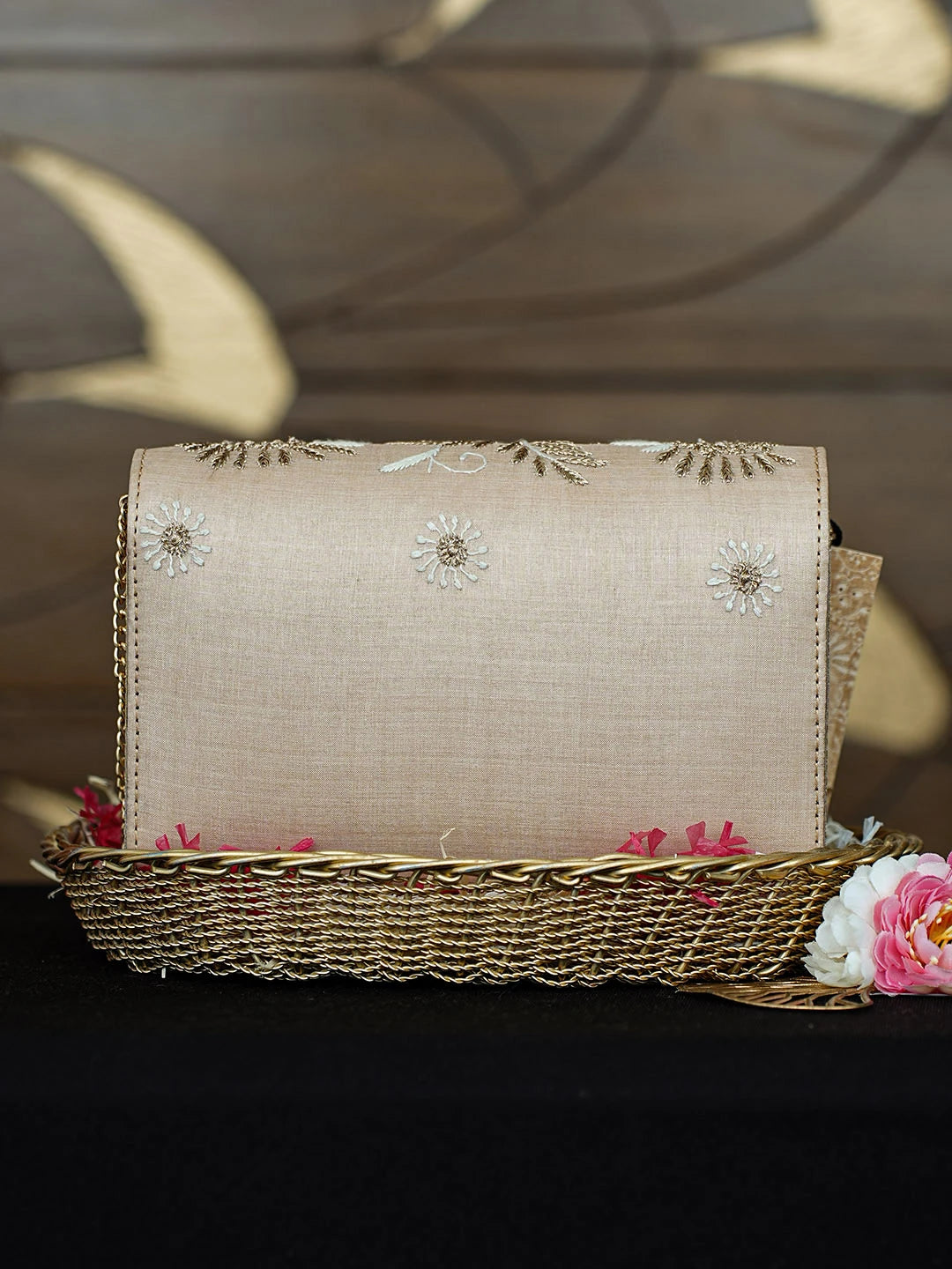 Ada Hand Embroidered Crayola Peach Silk Lucknowi Chikankari Clutch With Zari Work 01A967653
