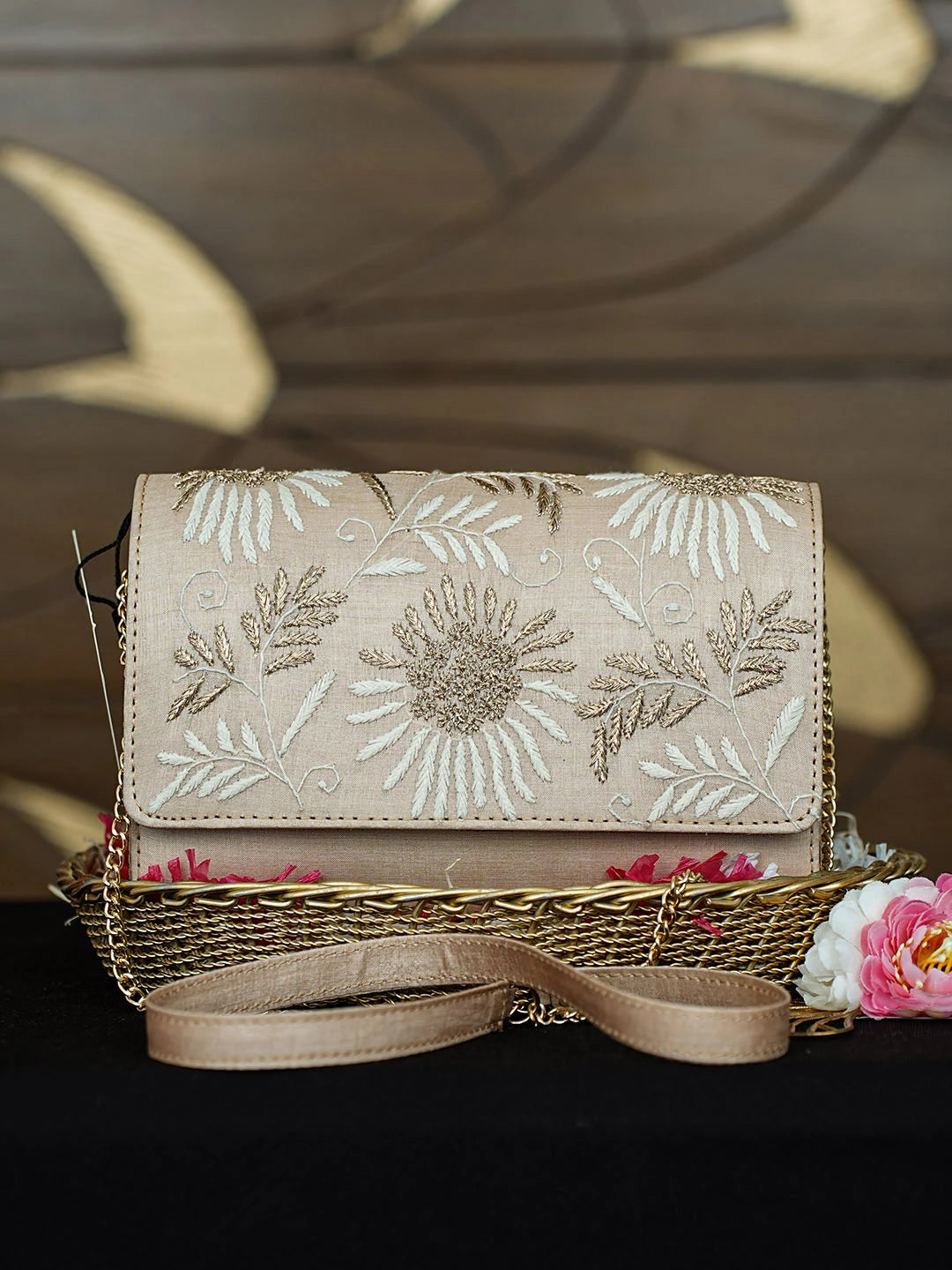 Ada Hand Embroidered Crayola Peach Silk Lucknowi Chikankari Clutch With Zari Work 01A967653