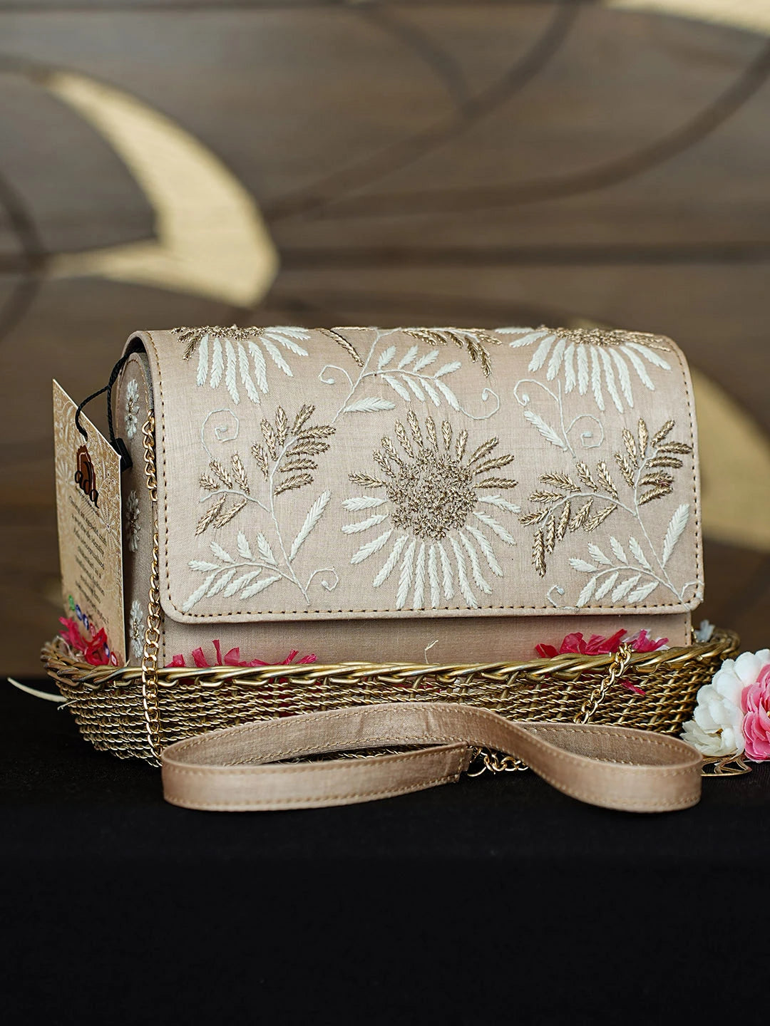 Ada Hand Embroidered Crayola Peach Silk Lucknowi Chikankari Clutch With Zari Work 01A967653