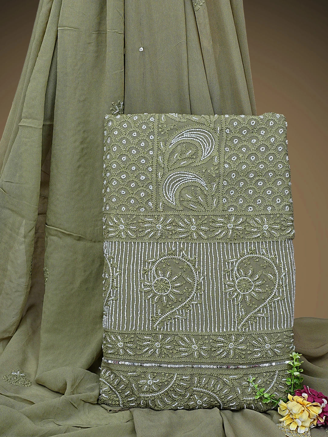 Ada Hand Embroidered Olive Green Viscose Georgette Lucknowi Chikankari Unstitched Kurta Dupatta Set With Cutdana Work 01A957836