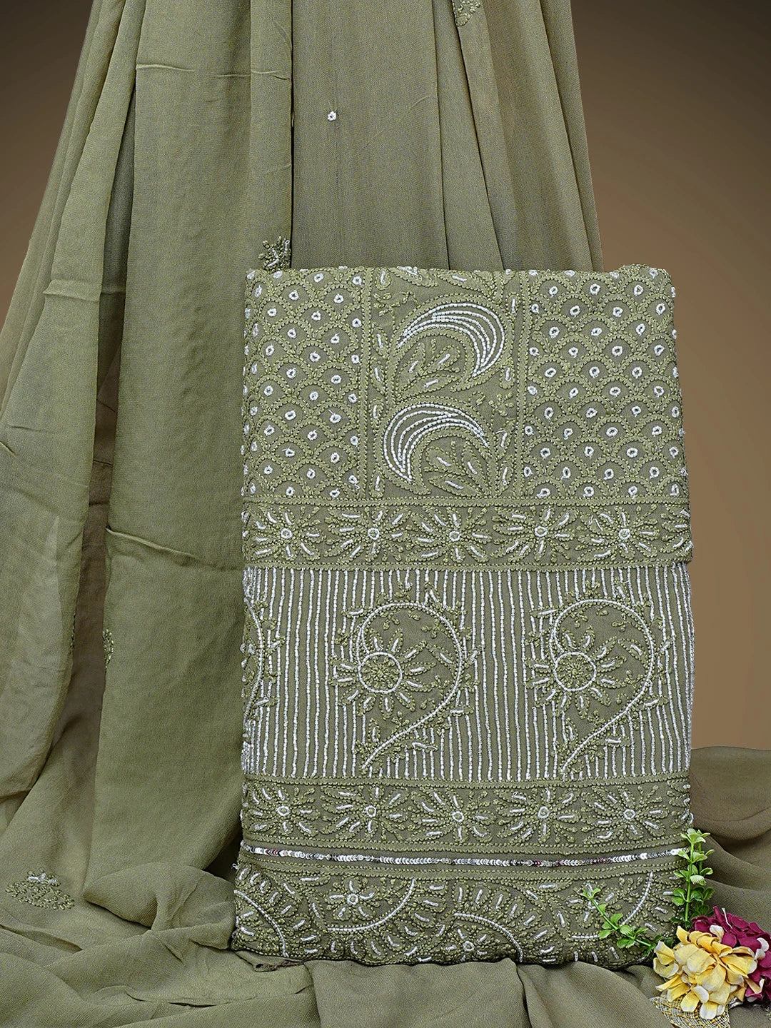Ada Hand Embroidered Olive Green Viscose Georgette Lucknowi Chikankari Unstitched Kurta Dupatta Set With Cutdana Work 01A957836