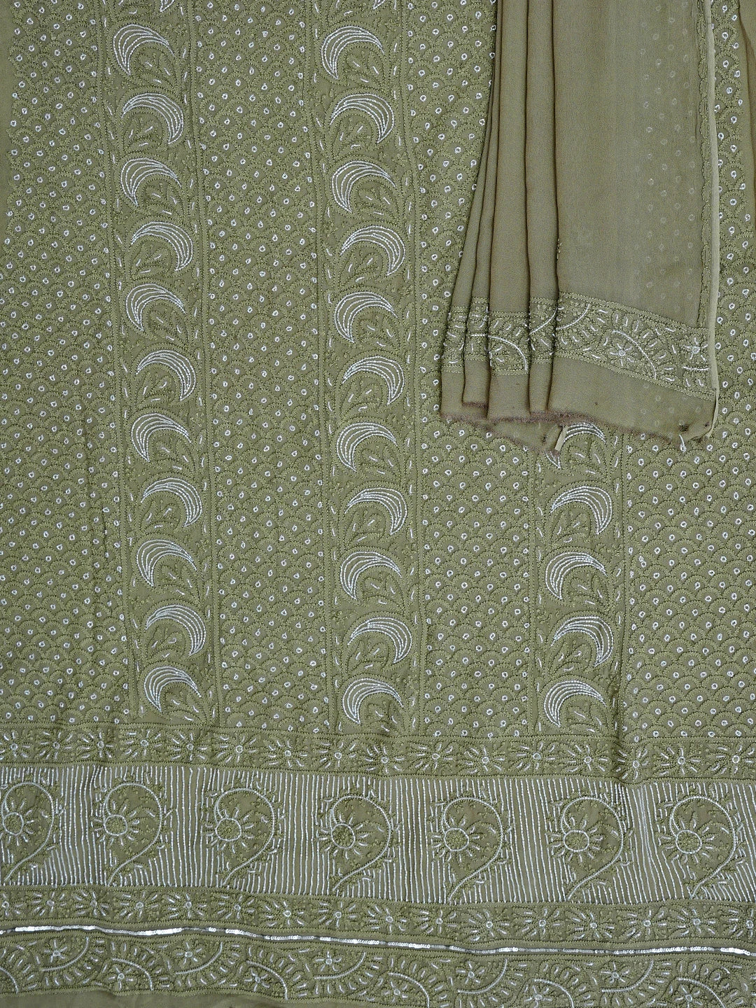 Ada Hand Embroidered Olive Green Viscose Georgette Lucknowi Chikankari Unstitched Kurta Dupatta Set With Cutdana Work 01A957836