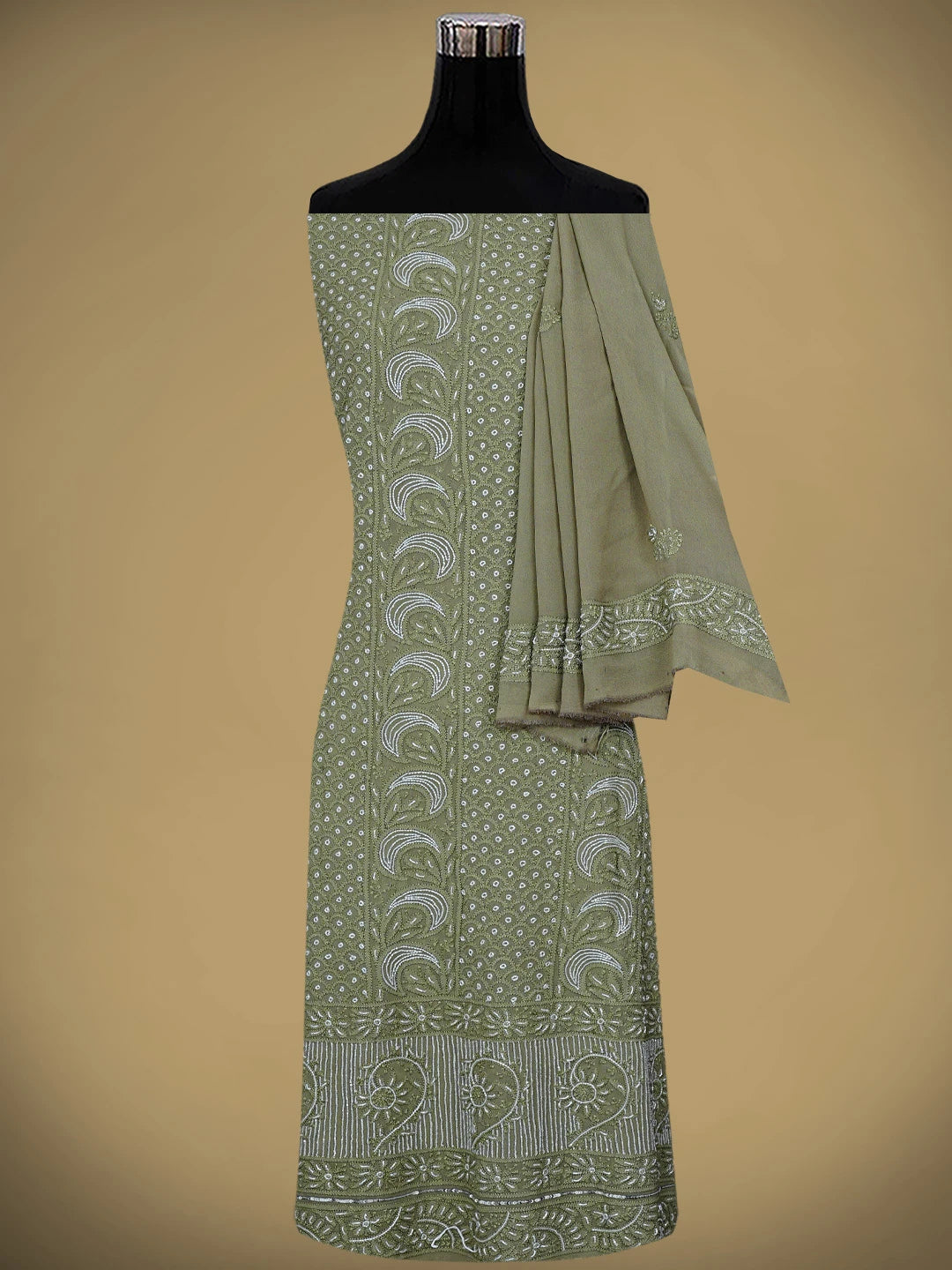 Ada Hand Embroidered Olive Green Viscose Georgette Lucknowi Chikankari Unstitched Kurta Dupatta Set With Cutdana Work 01A957836