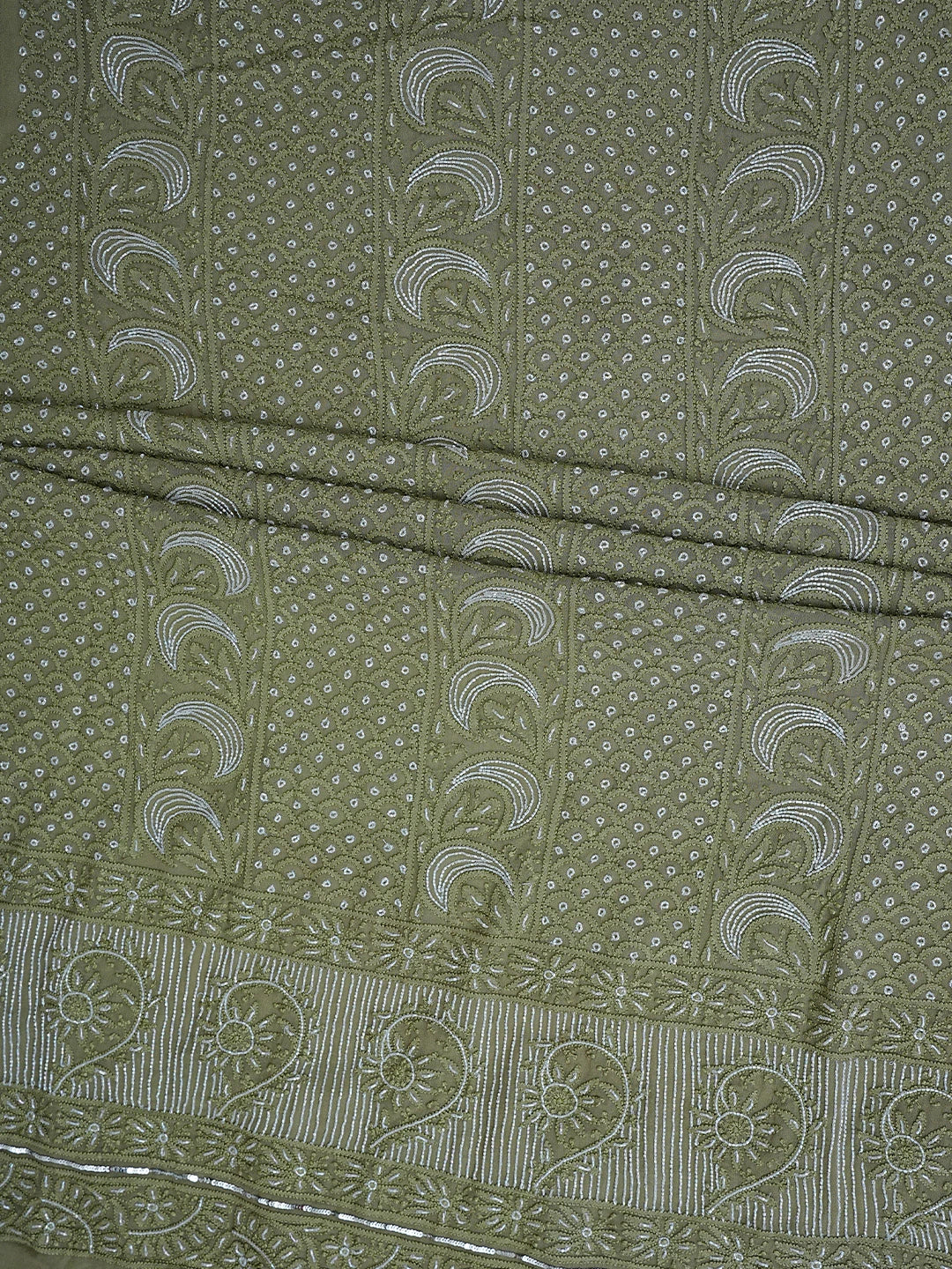 Ada Hand Embroidered Olive Green Viscose Georgette Lucknowi Chikankari Unstitched Kurta Dupatta Set With Cutdana Work 01A957836