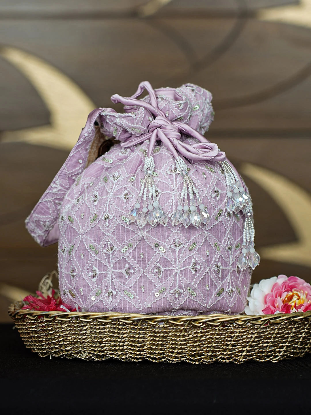 Ada Hand Embroidered Light Lavender Silk Lucknowi Chikankari Potli Bag With Sequinned Work 01A963473
