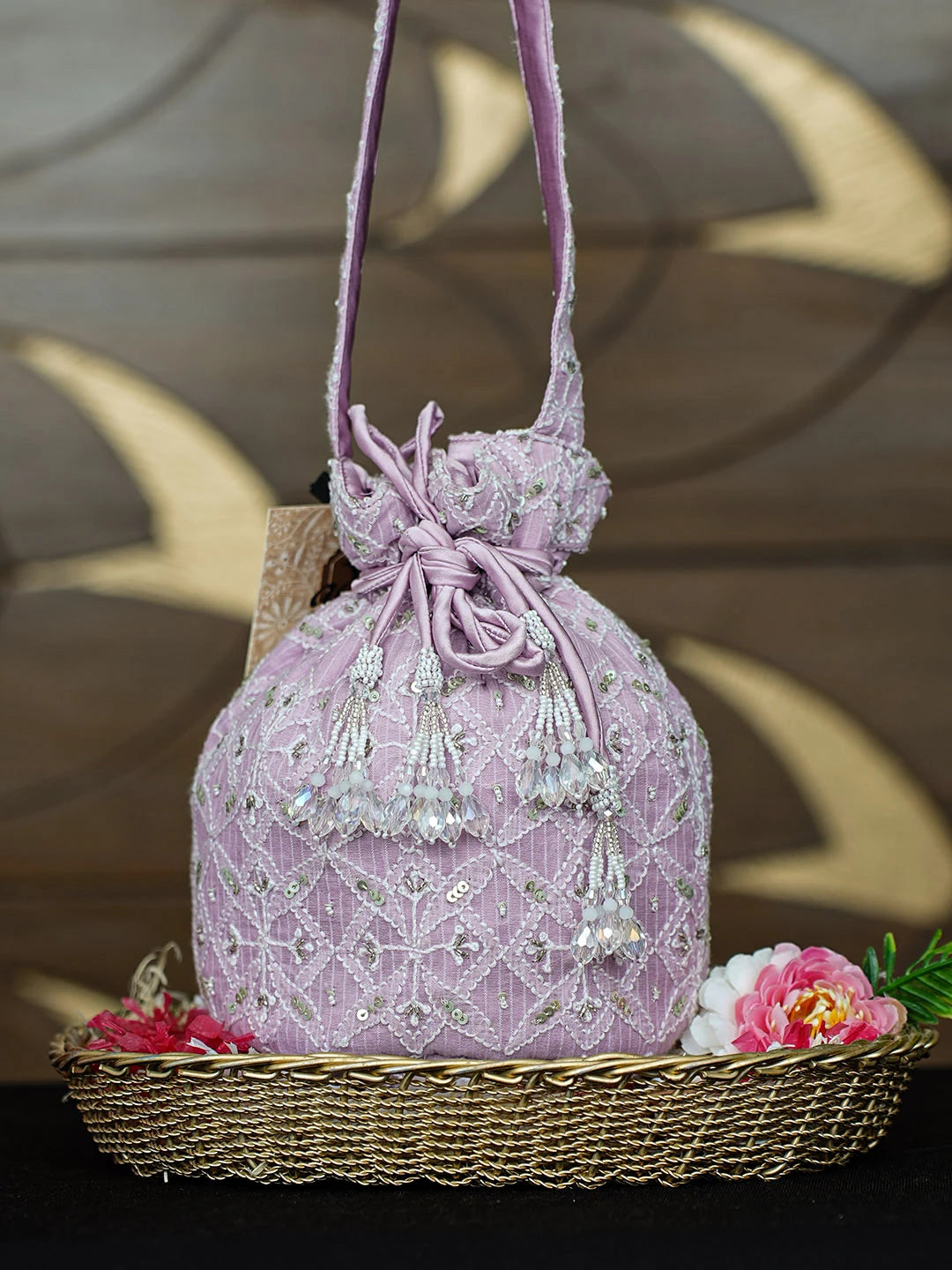 Ada Hand Embroidered Light Lavender Silk Lucknowi Chikankari Potli Bag With Sequinned Work 01A963473