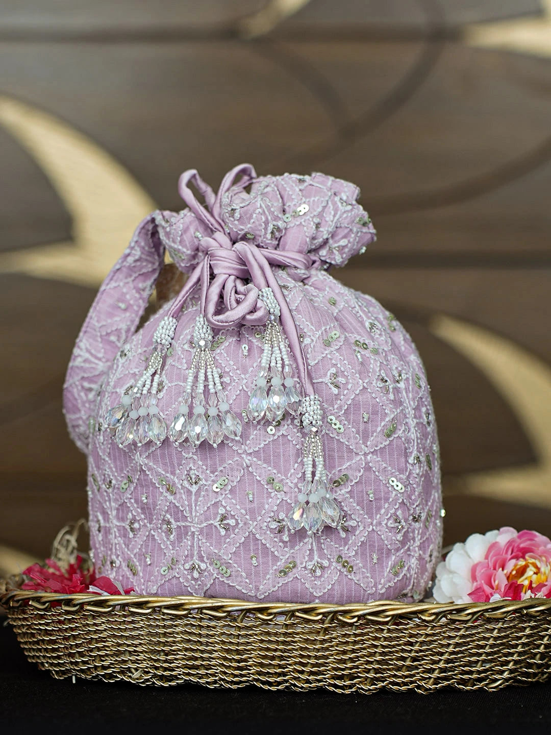 Ada Hand Embroidered Light Lavender Silk Lucknowi Chikankari Potli Bag With Sequinned Work 01A963473