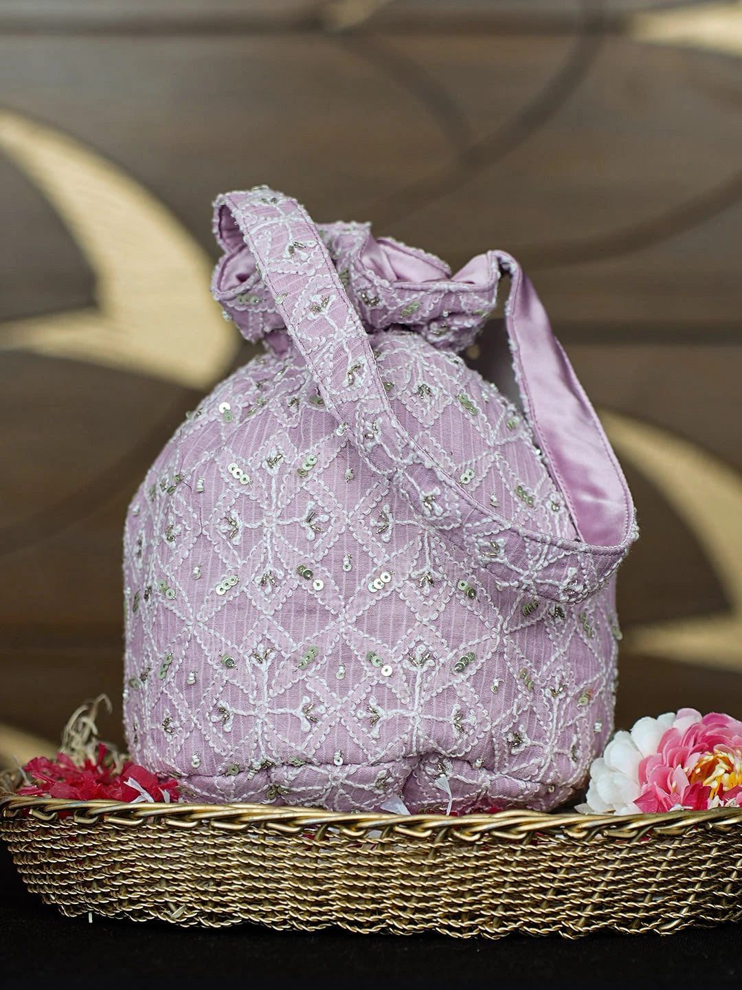 Ada Hand Embroidered Light Lavender Silk Lucknowi Chikankari Potli Bag With Sequinned Work 01A963473