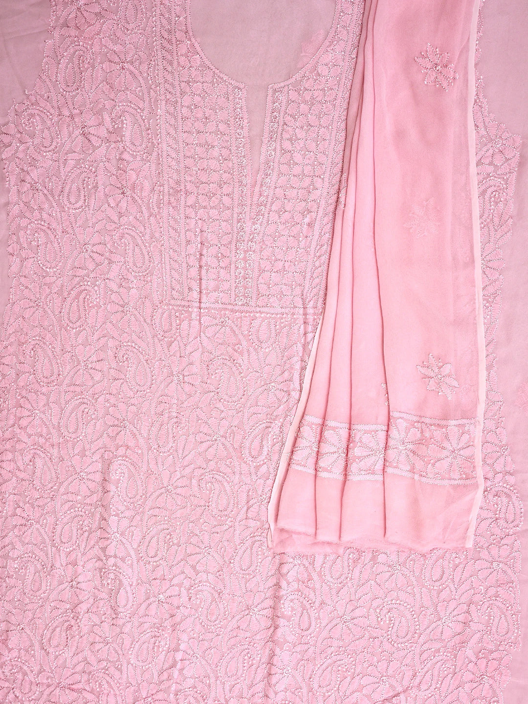 Ada Hand Embroidered Pink Viscose Georgette Lucknowi Chikankari Unstitched Kurta Dupatta Set 01A962439