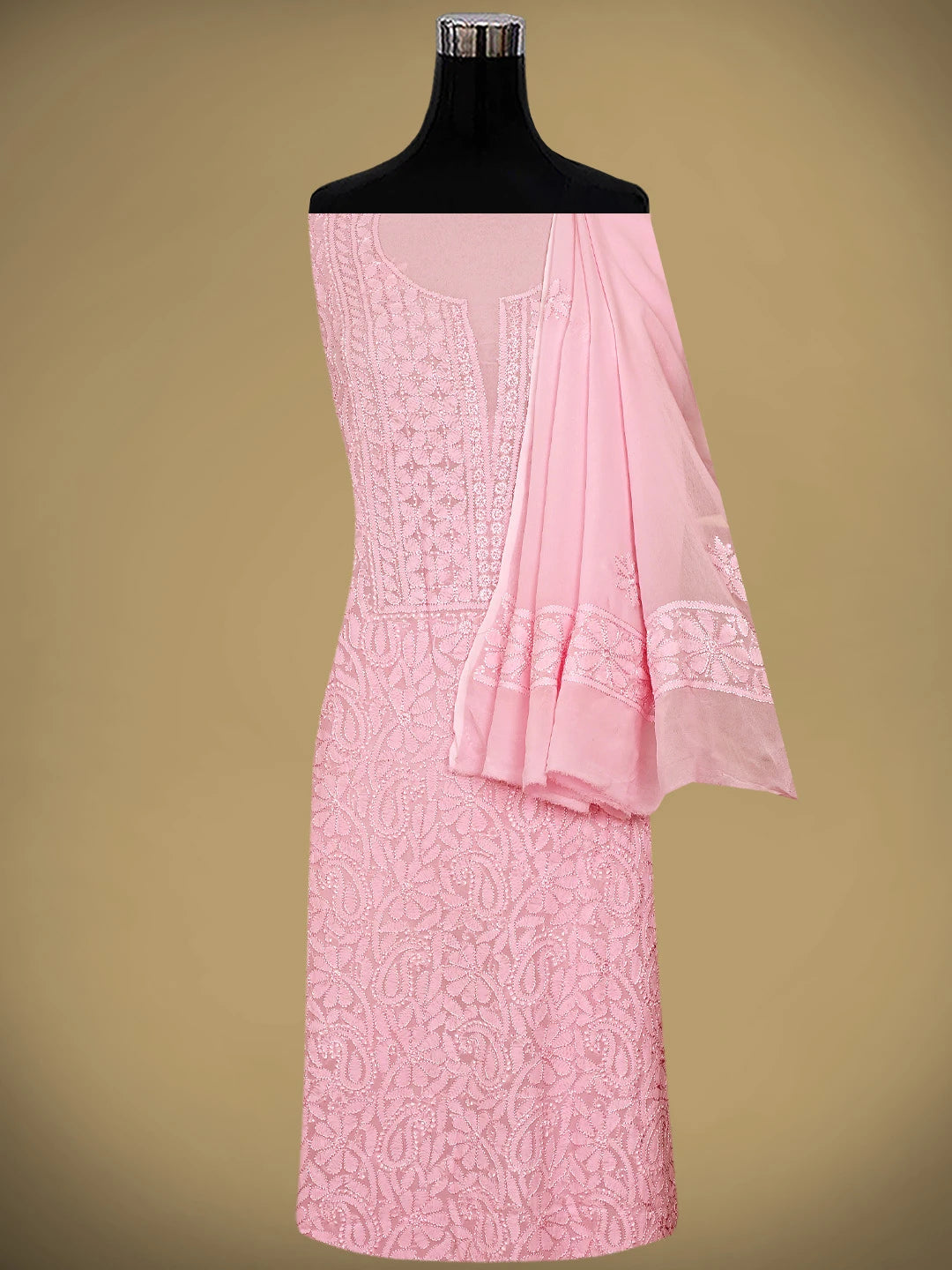 Ada Hand Embroidered Pink Viscose Georgette Lucknowi Chikankari Unstitched Kurta Dupatta Set 01A962439