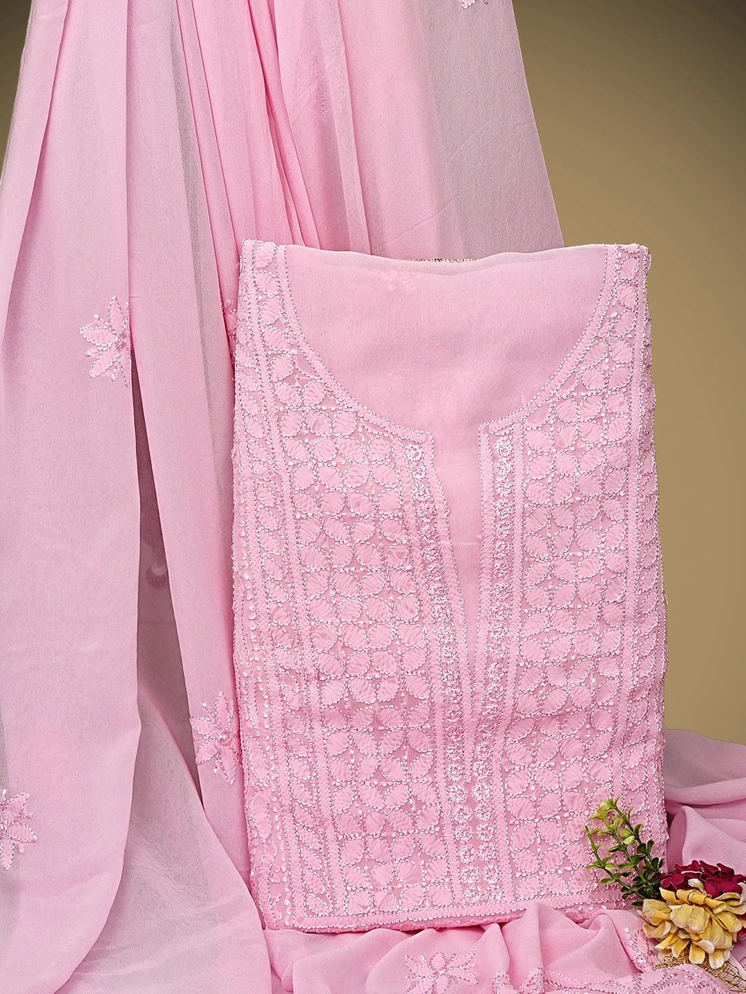 Ada Hand Embroidered Pink Viscose Georgette Lucknowi Chikankari Unstitched Kurta Dupatta Set 01A962439