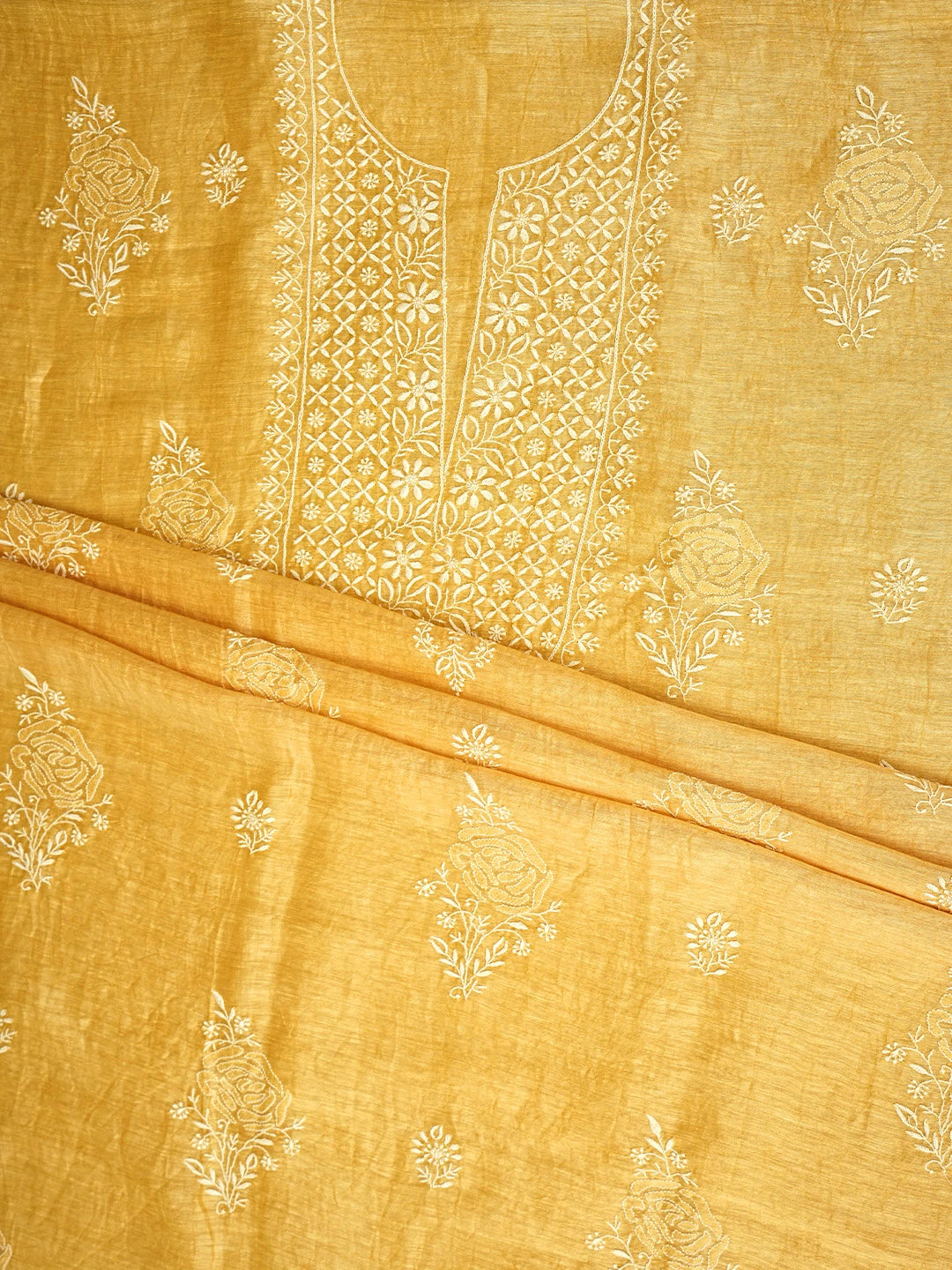Ada Hand Embroidered Golden Yellow Chanderi Lucknowi Chikankari Unstitched Kurta Dupatta Set 01A545829