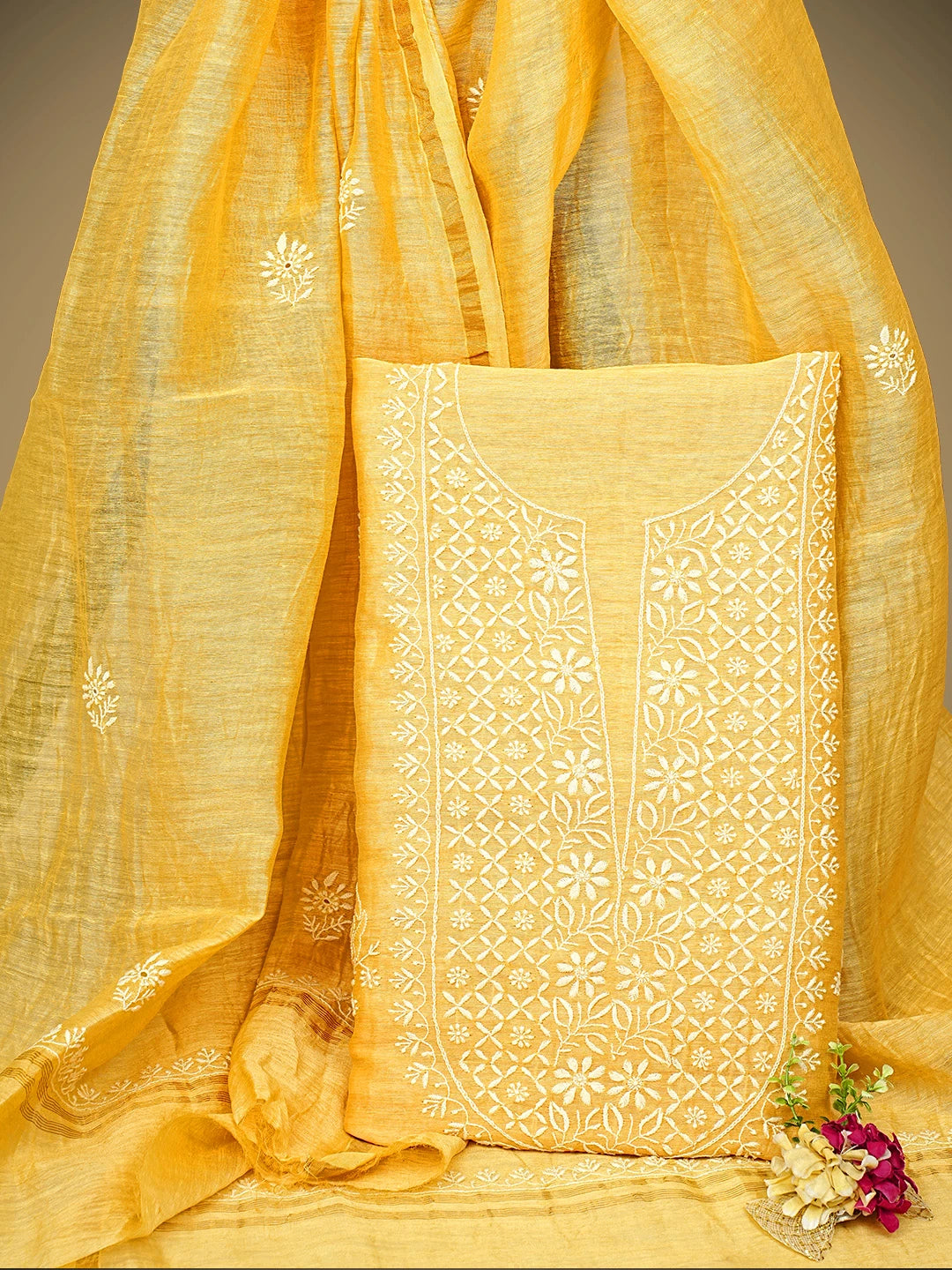 Ada Hand Embroidered Golden Yellow Chanderi Lucknowi Chikankari Unstitched Kurta Dupatta Set 01A545829