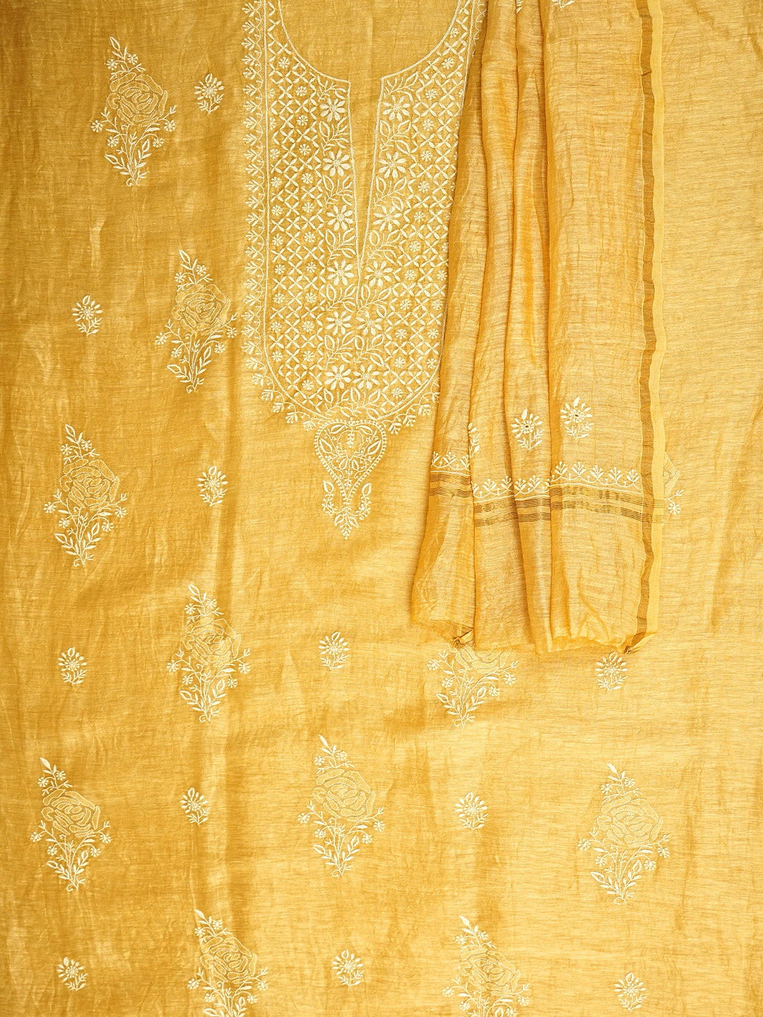 Ada Hand Embroidered Golden Yellow Chanderi Lucknowi Chikankari Unstitched Kurta Dupatta Set 01A545829