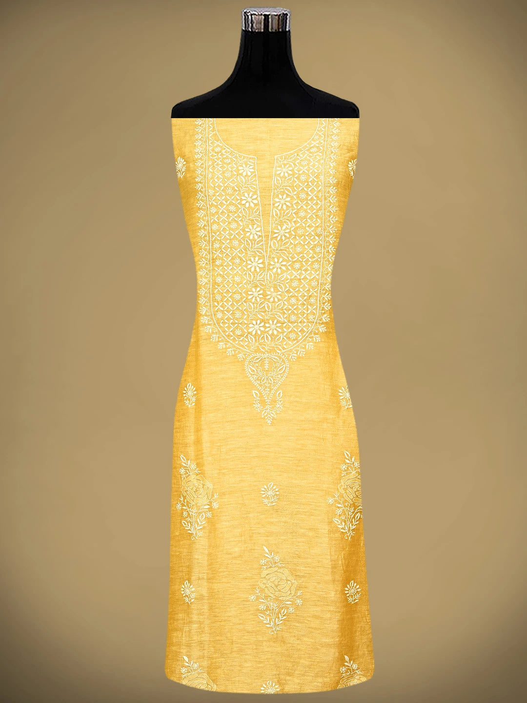 Ada Hand Embroidered Golden Yellow Chanderi Lucknowi Chikankari Unstitched Kurta Dupatta Set 01A545829