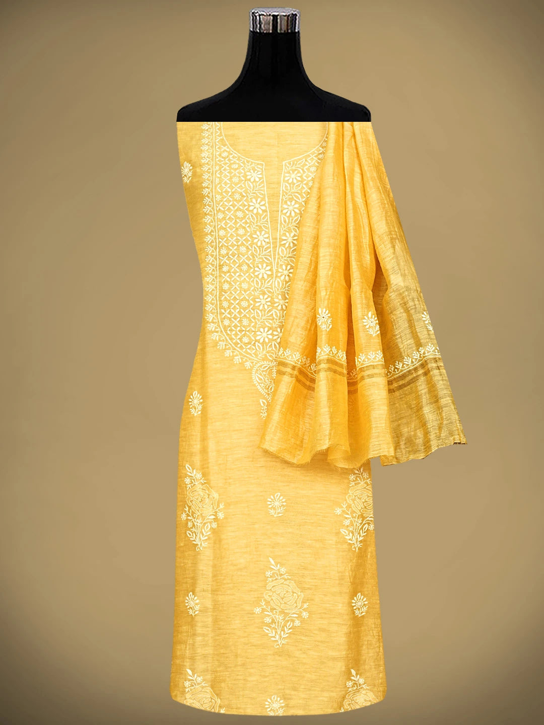 Ada Hand Embroidered Golden Yellow Chanderi Lucknowi Chikankari Unstitched Kurta Dupatta Set 01A545829