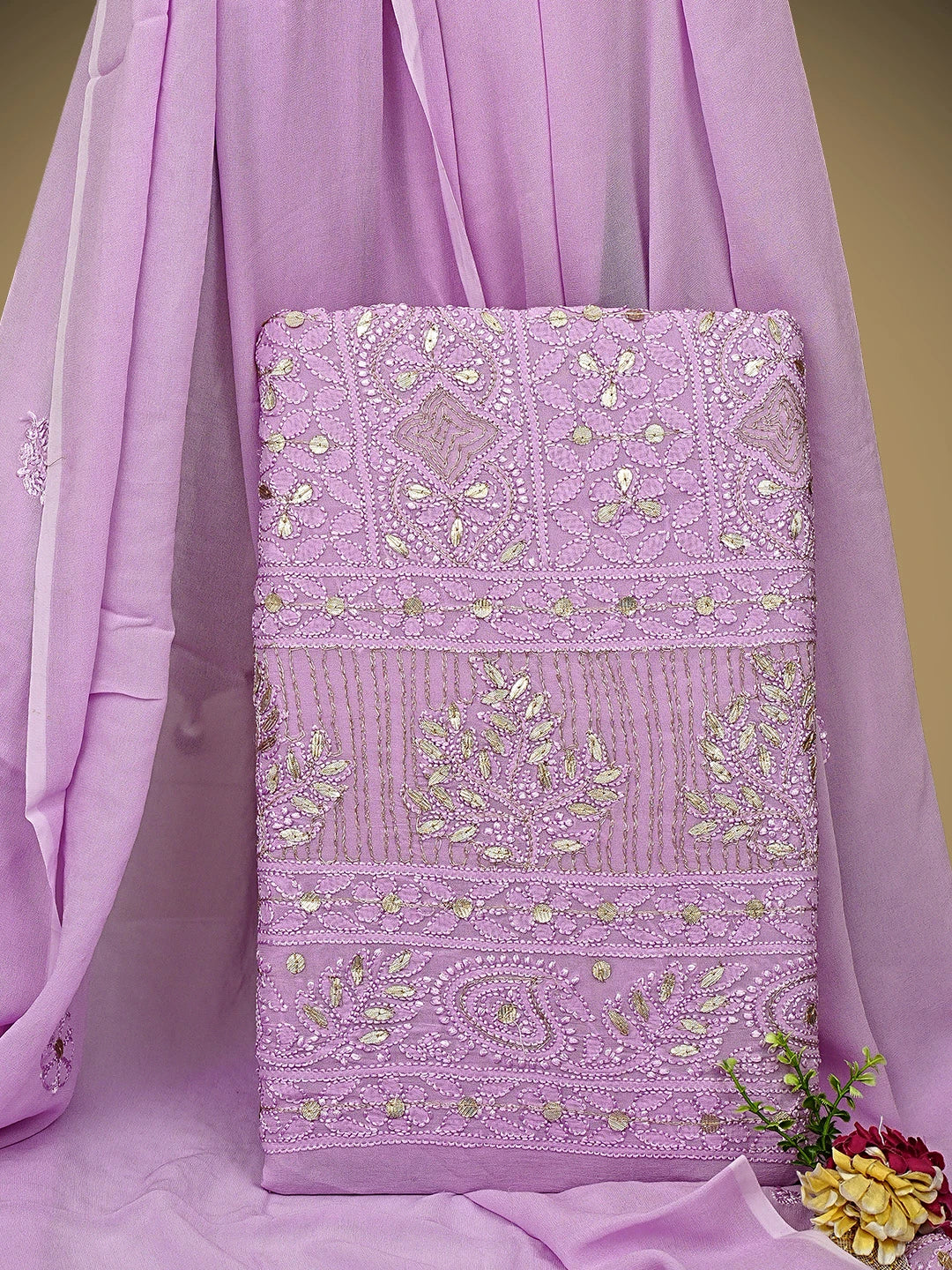 Ada Hand Embroidered Mauve Viscose Georgette Lucknowi Chikankari Unstitched Kurta Dupatta Set With Gota Patti Work 01A962468