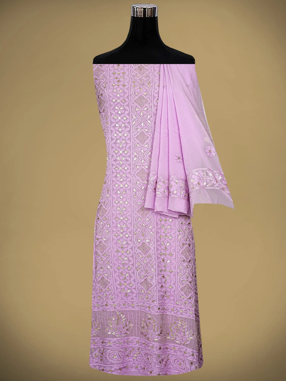 Ada Hand Embroidered Mauve Viscose Georgette Lucknowi Chikankari Unstitched Kurta Dupatta Set With Gota Patti Work 01A962468