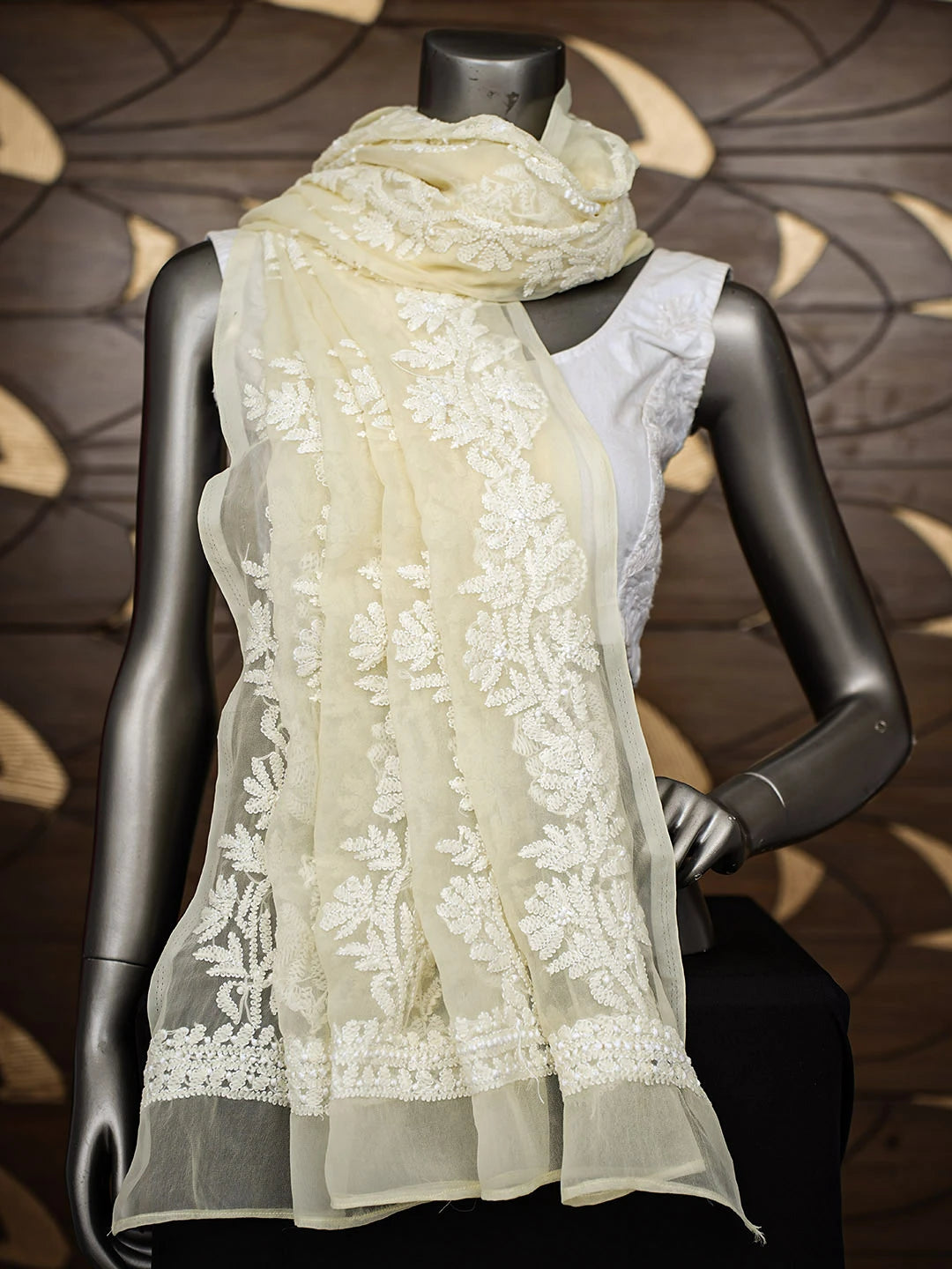 Ada Hand Embroidered Pastel Yellow Georgette Lucknowi Chikankari Dupatta 01A410209