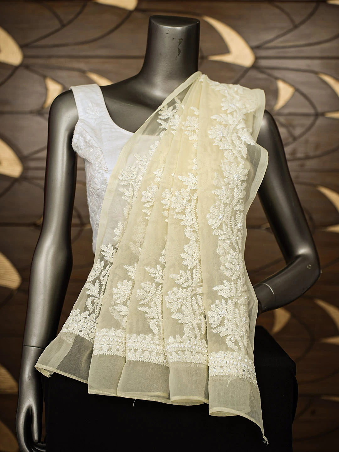 Ada Hand Embroidered Pastel Yellow Georgette Lucknowi Chikankari Dupatta 01A410209
