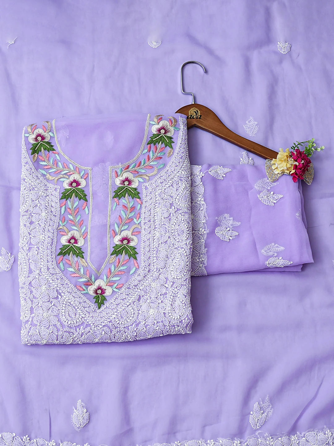Ada Hand Embroidered Mauve Georgette Lucknowi Chikankari Unstitched Suit Piece With Parsi Work 01A963495