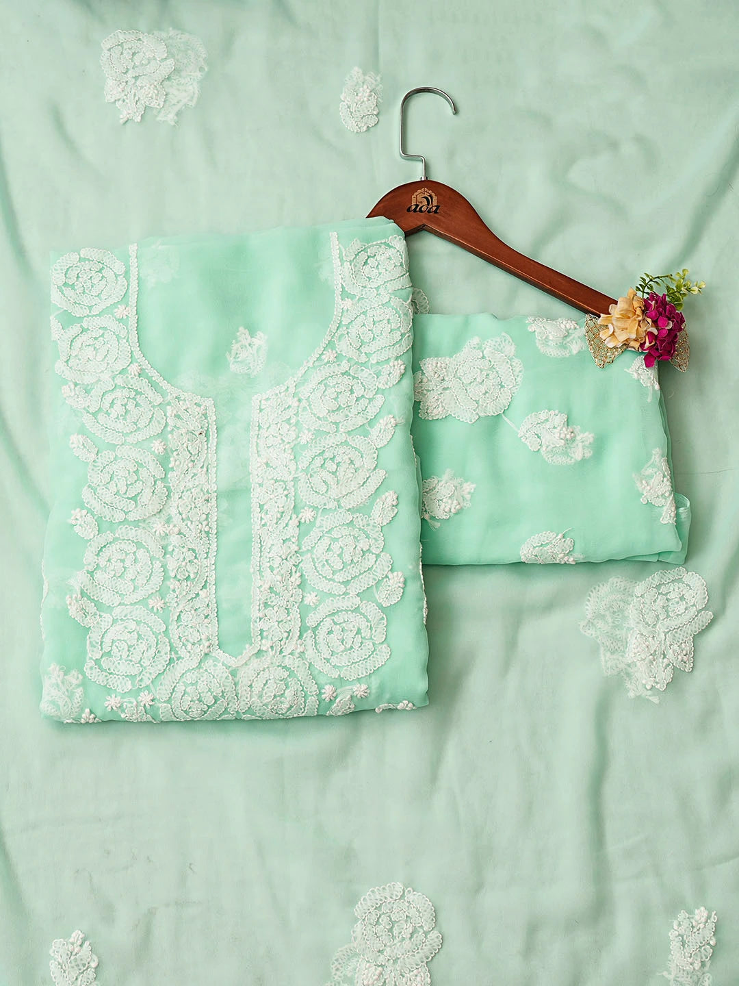 Ada Hand Embroidered Sea Green Georgette Lucknowi Chikankari Unstitched Suit Piece 01A923856