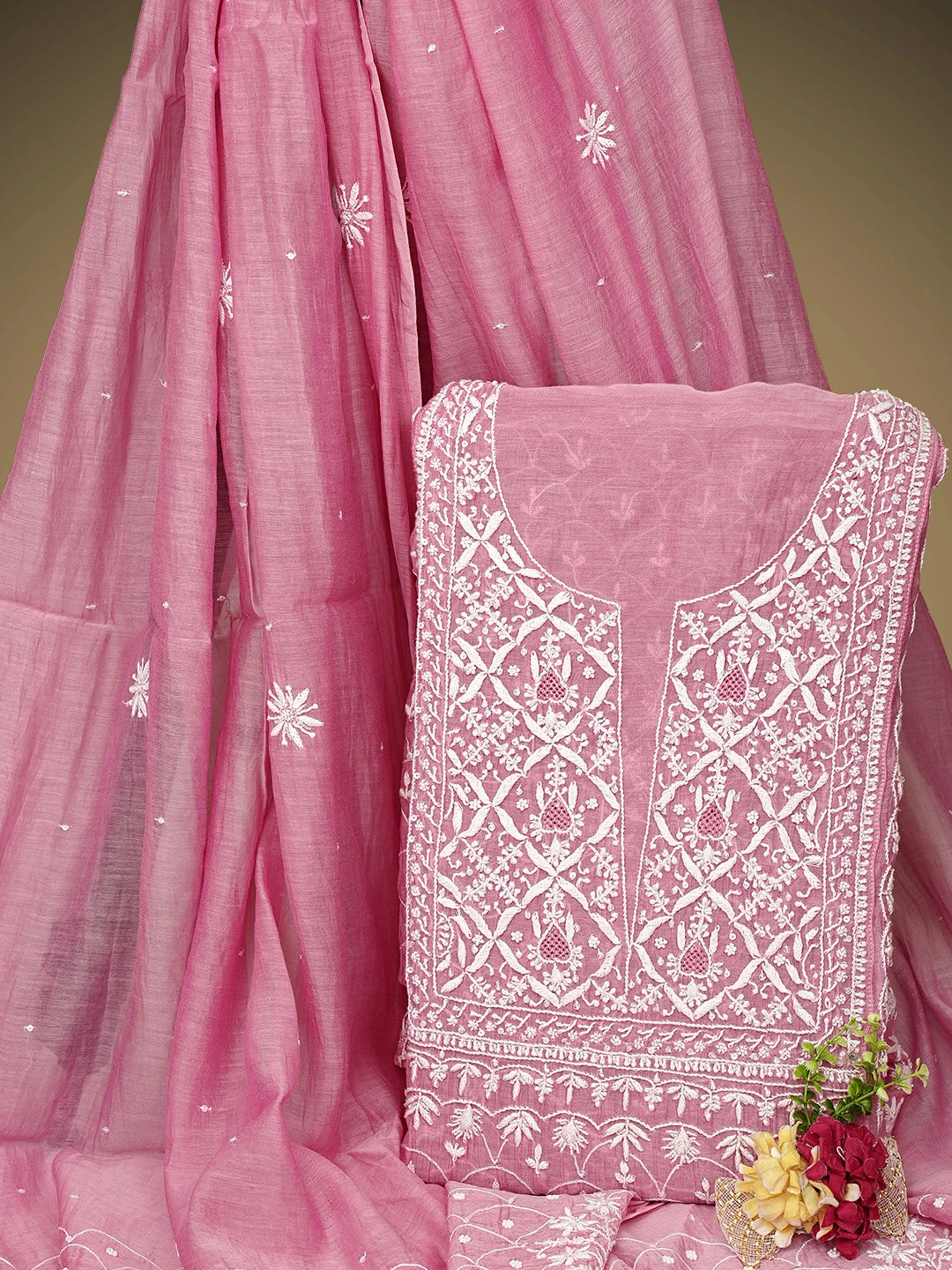 Ada Hand Embroidered Pink Chanderi Lucknowi Chikankari Semi-Stitched Anarkali Kurta Dupatta Set With Cutdana Work 01A971922