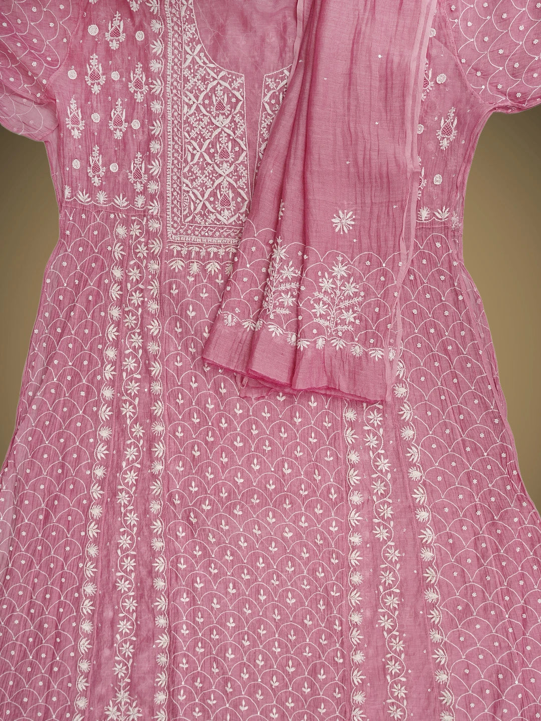 Ada Hand Embroidered Pink Chanderi Lucknowi Chikankari Semi-Stitched Anarkali Kurta Dupatta Set With Cutdana Work 01A971922