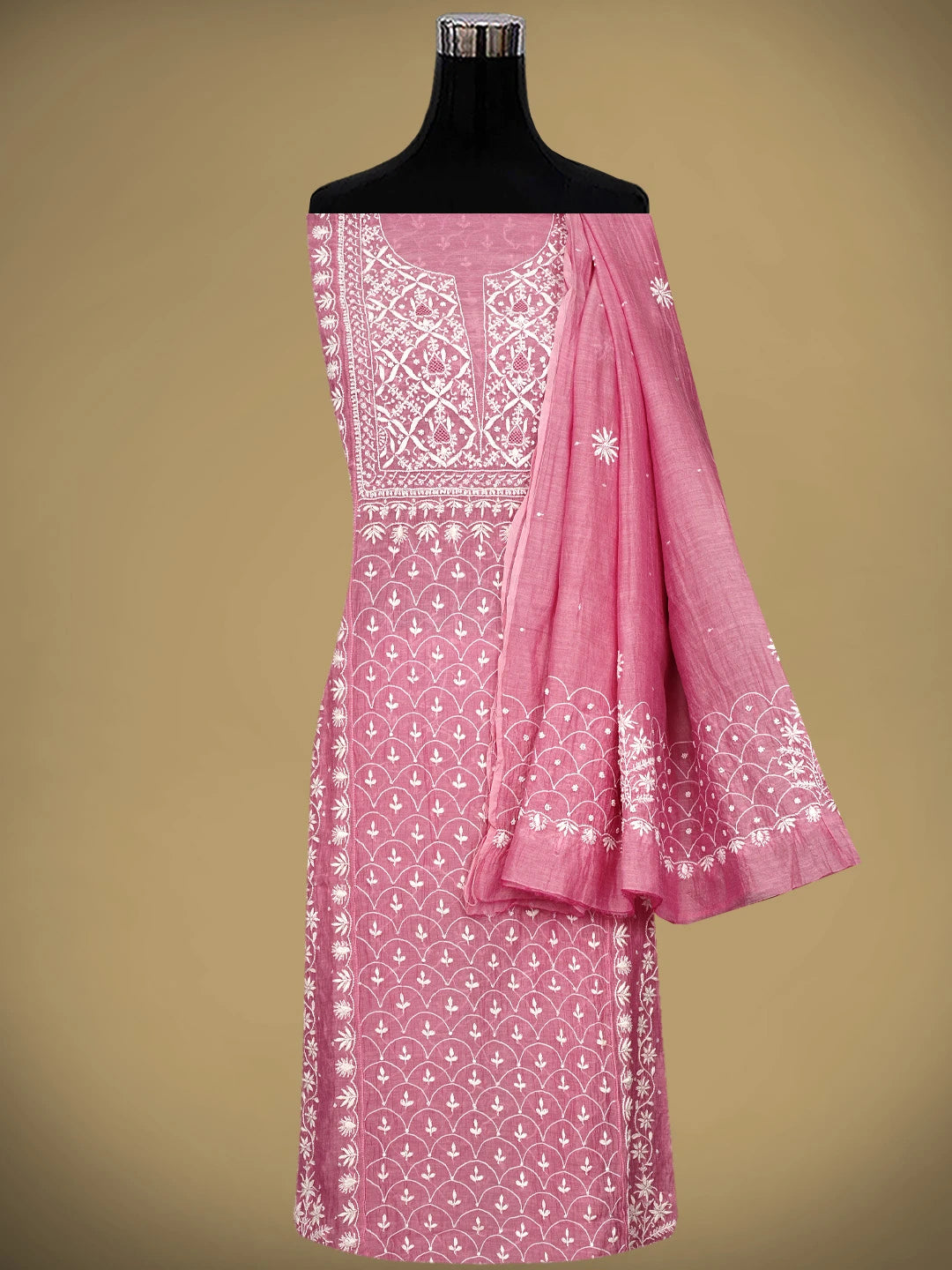 Ada Hand Embroidered Pink Chanderi Lucknowi Chikankari Semi-Stitched Anarkali Kurta Dupatta Set With Cutdana Work 01A971922