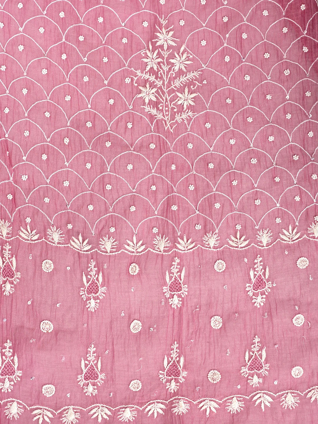 Ada Hand Embroidered Pink Chanderi Lucknowi Chikankari Semi-Stitched Anarkali Kurta Dupatta Set With Cutdana Work 01A971922