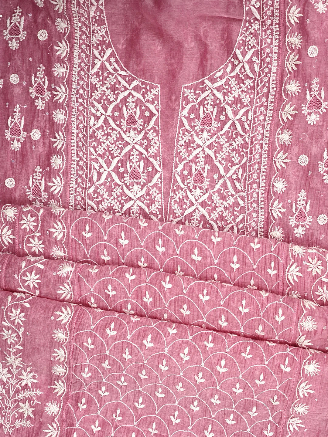 Ada Hand Embroidered Pink Chanderi Lucknowi Chikankari Semi-Stitched Anarkali Kurta Dupatta Set With Cutdana Work 01A971922