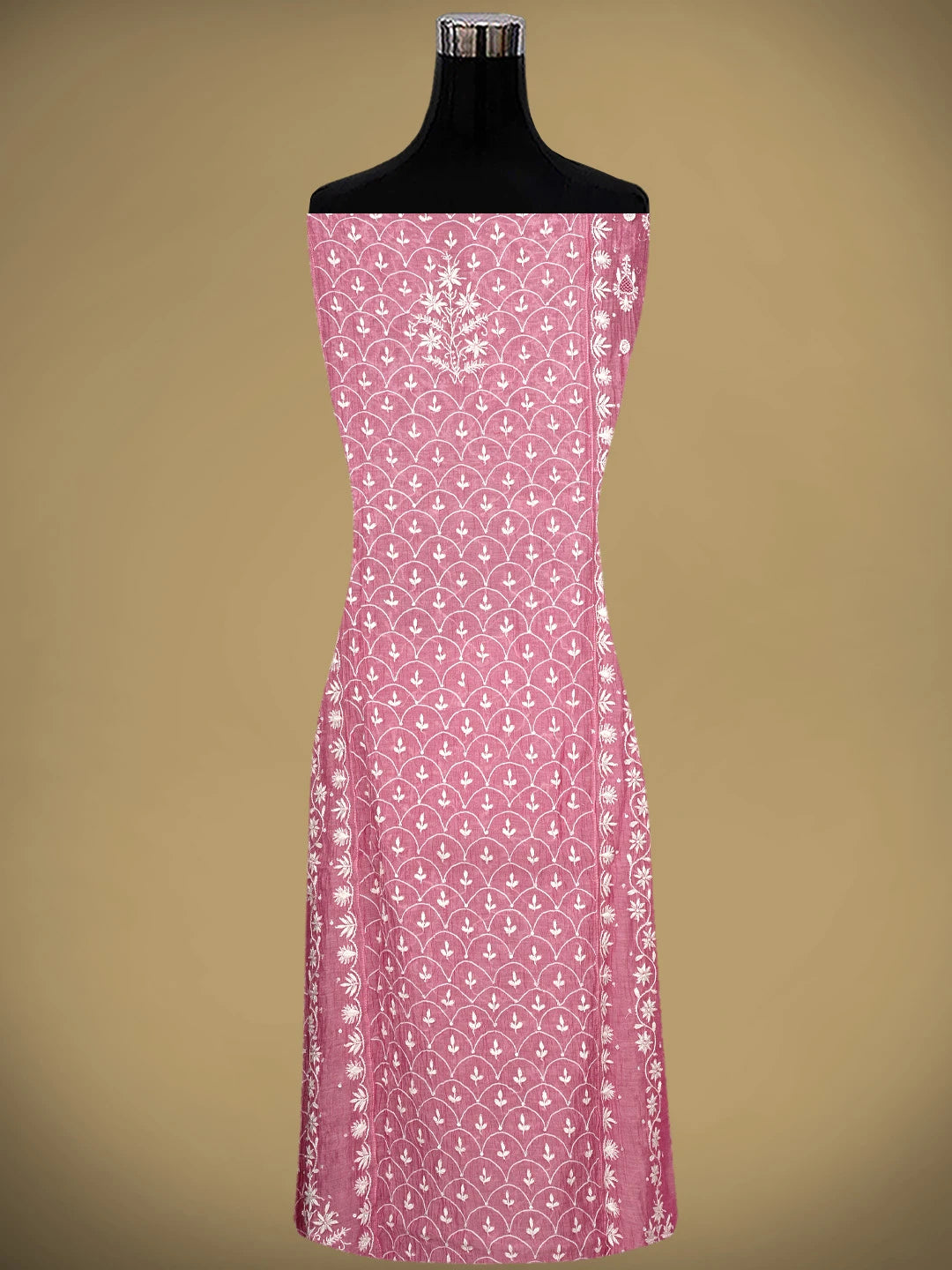 Ada Hand Embroidered Pink Chanderi Lucknowi Chikankari Semi-Stitched Anarkali Kurta Dupatta Set With Cutdana Work 01A971922