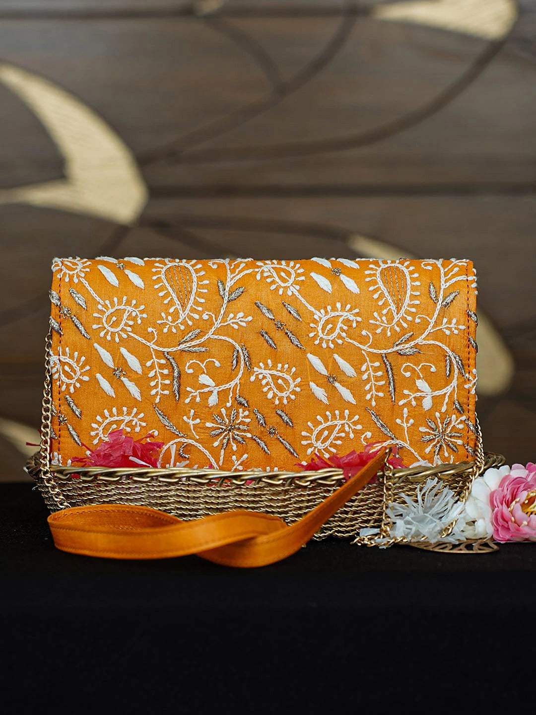 Ada Hand Embroidered Orange Silk Lucknowi Chikankari Clutch With Zari Work 01A921506