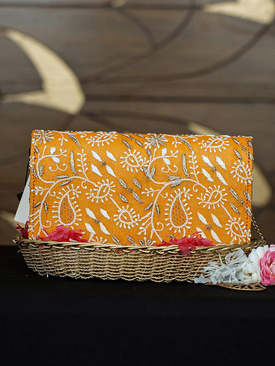 Ada Hand Embroidered Orange Silk Lucknowi Chikankari Clutch With Zari Work 01A921506