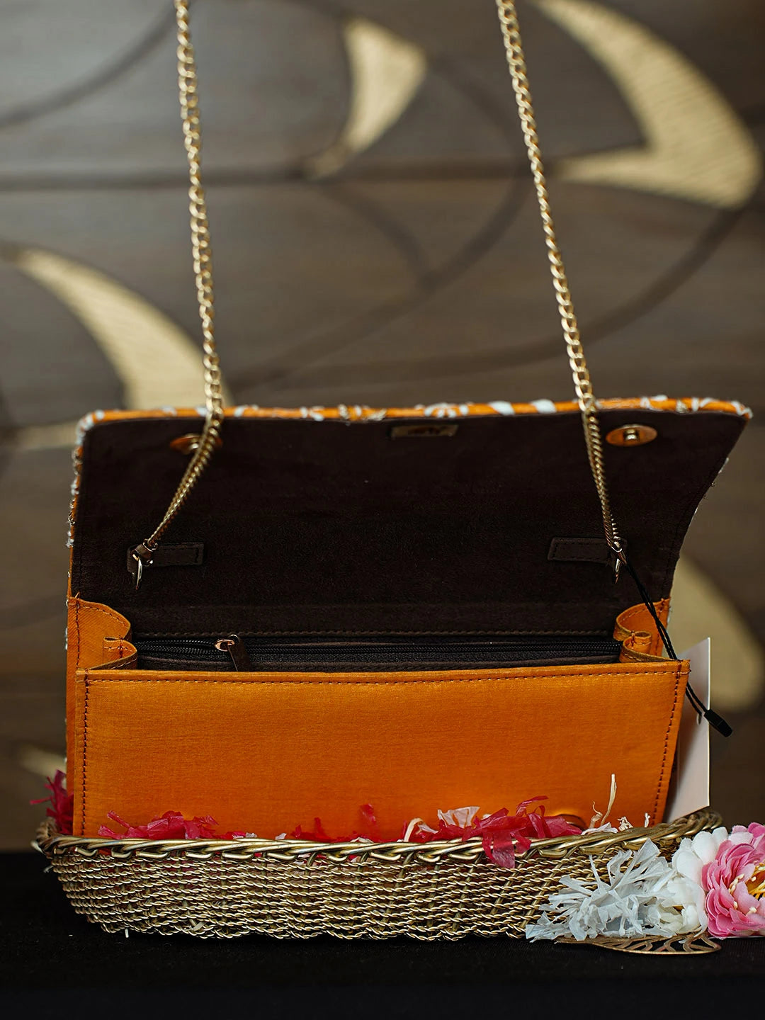 Ada Hand Embroidered Orange Silk Lucknowi Chikankari Clutch With Zari Work 01A921506