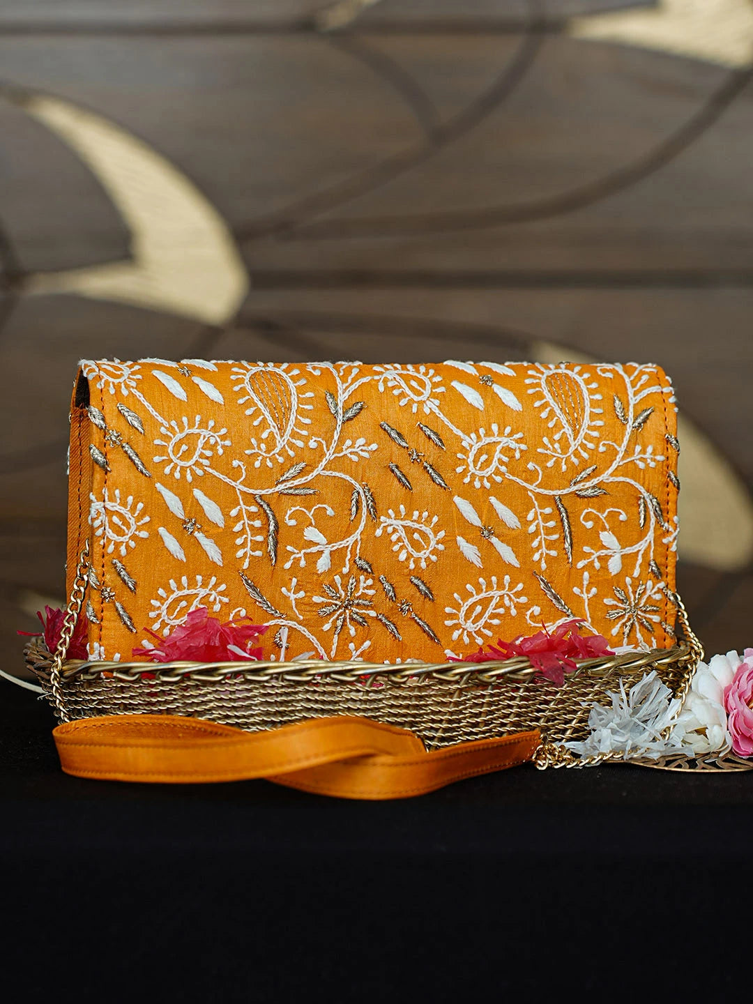 Ada Hand Embroidered Orange Silk Lucknowi Chikankari Clutch With Zari Work 01A921506