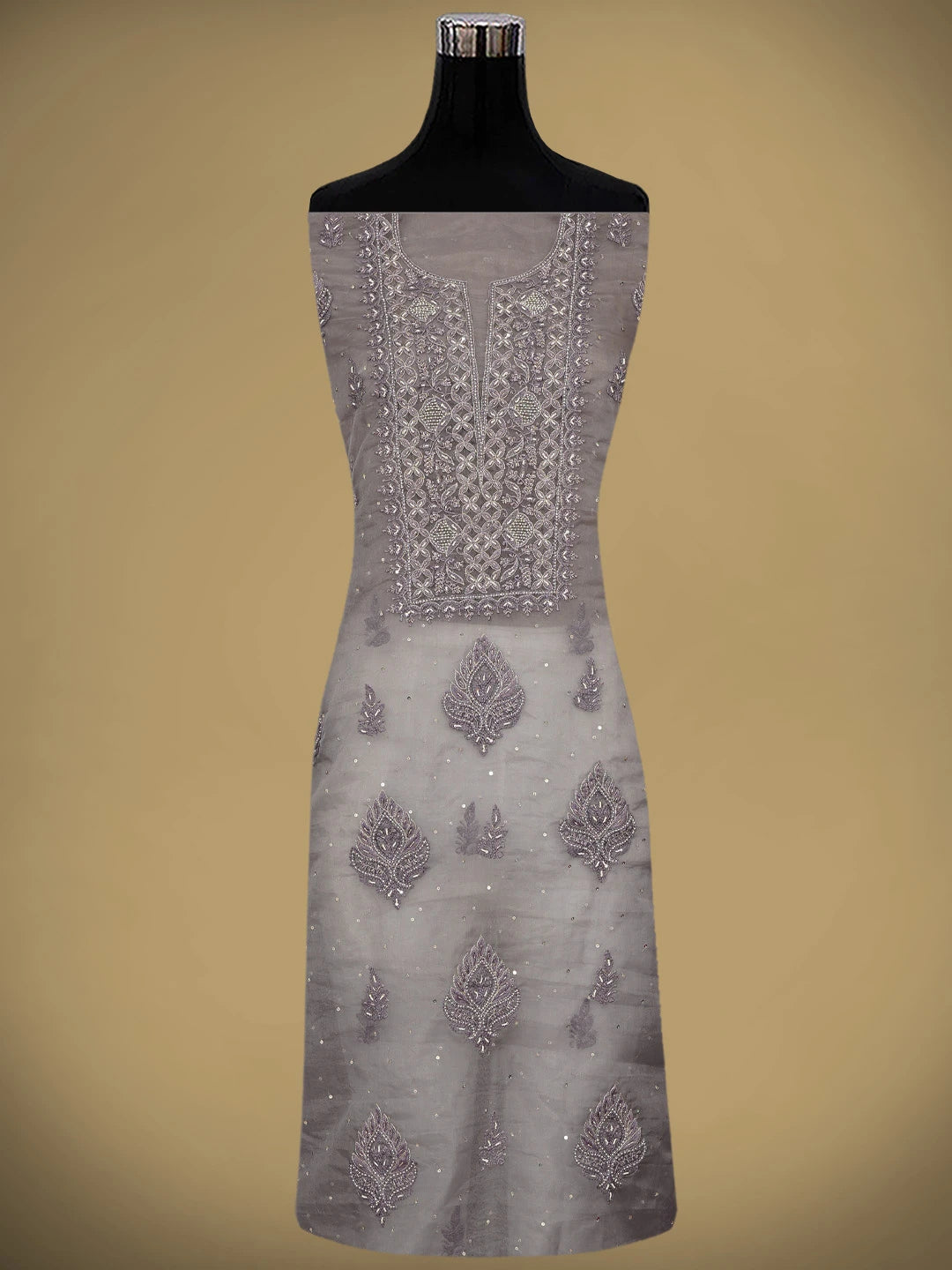 Ada Hand Embroidered Grey Organza Lucknowi Chikankari Unstitched Kurta Dupatta Set With Sequinned Work 01A907761