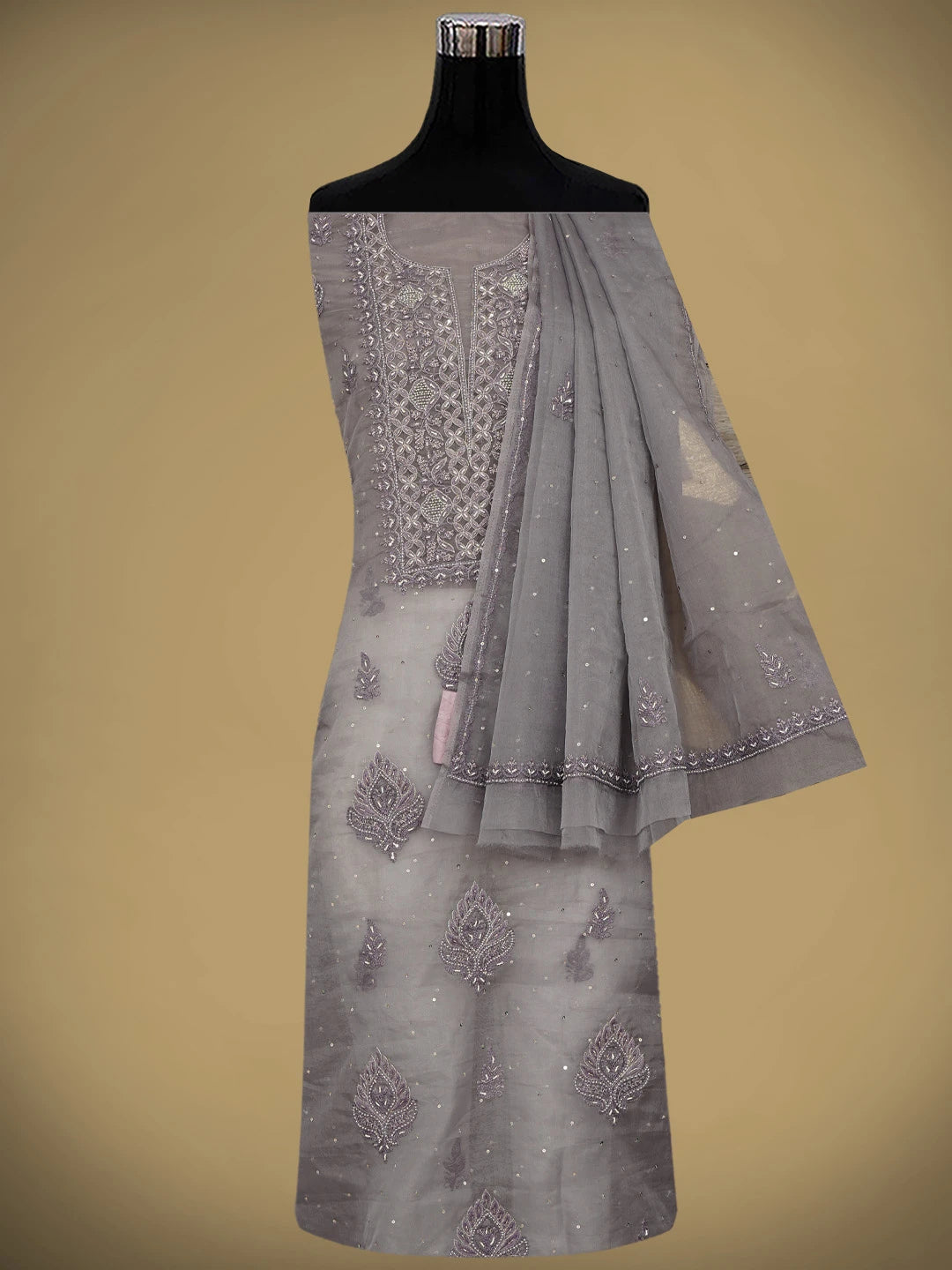 Ada Hand Embroidered Grey Organza Lucknowi Chikankari Unstitched Kurta Dupatta Set With Sequinned Work 01A907761