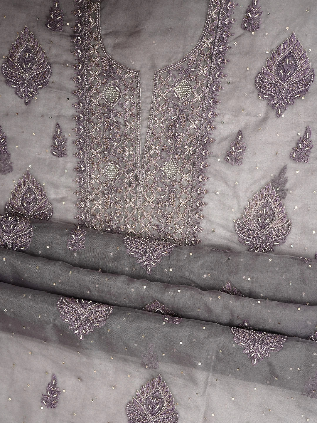 Ada Hand Embroidered Grey Organza Lucknowi Chikankari Unstitched Kurta Dupatta Set With Sequinned Work 01A907761