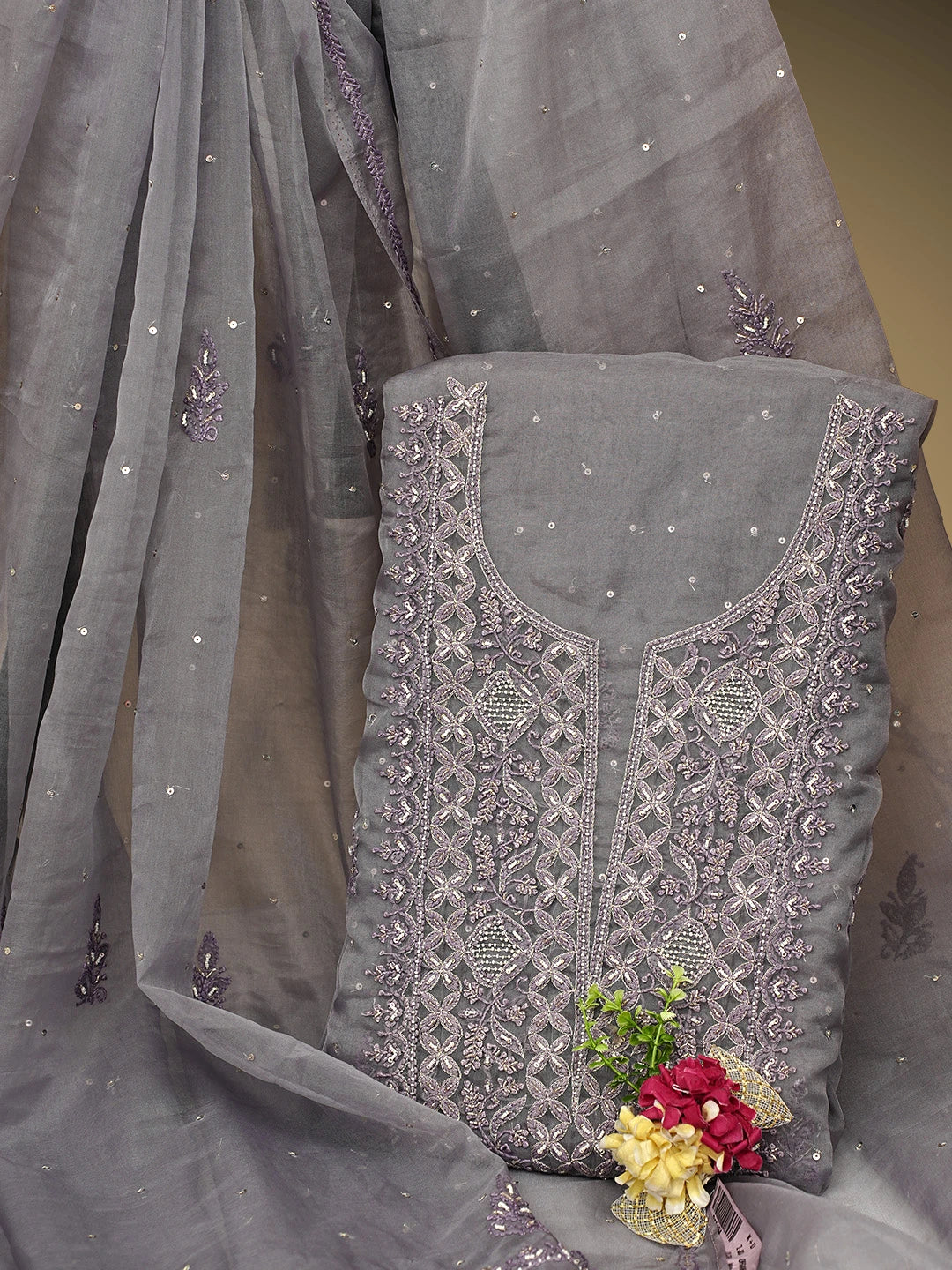 Ada Hand Embroidered Grey Organza Lucknowi Chikankari Unstitched Kurta Dupatta Set With Sequinned Work 01A907761
