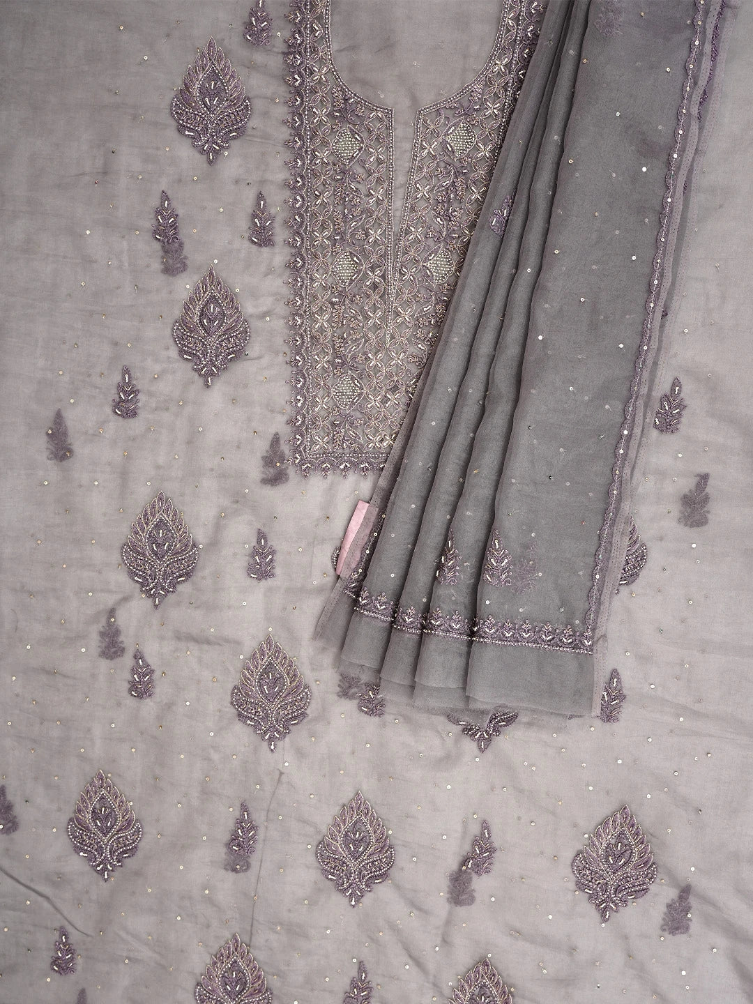 Ada Hand Embroidered Grey Organza Lucknowi Chikankari Unstitched Kurta Dupatta Set With Sequinned Work 01A907761