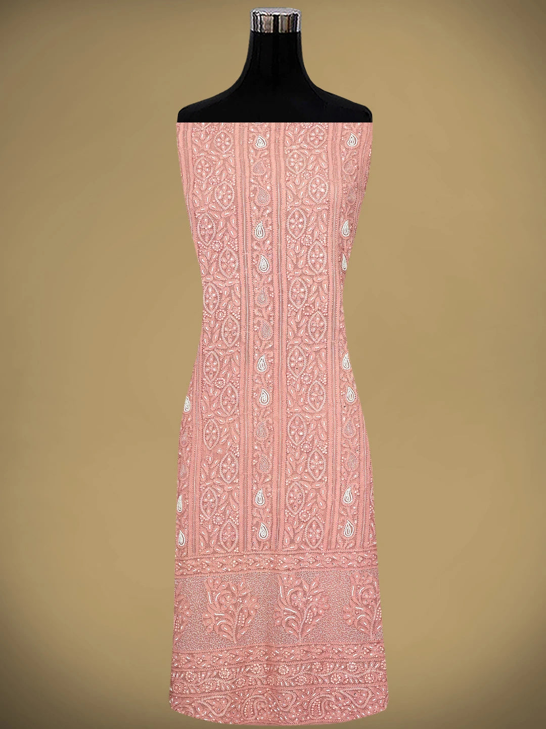 Ada Hand Embroidered Dusty Peach Viscose Georgette Lucknowi Chikankari Unstitched Kurta Dupatta Set With Pearl Work 01A957692