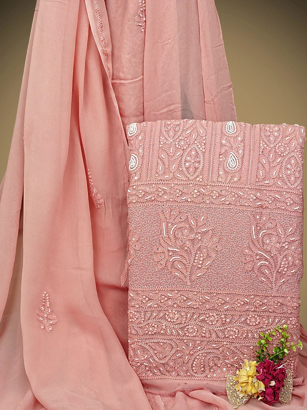 Ada Hand Embroidered Dusty Peach Viscose Georgette Lucknowi Chikankari Unstitched Kurta Dupatta Set With Pearl Work 01A957692