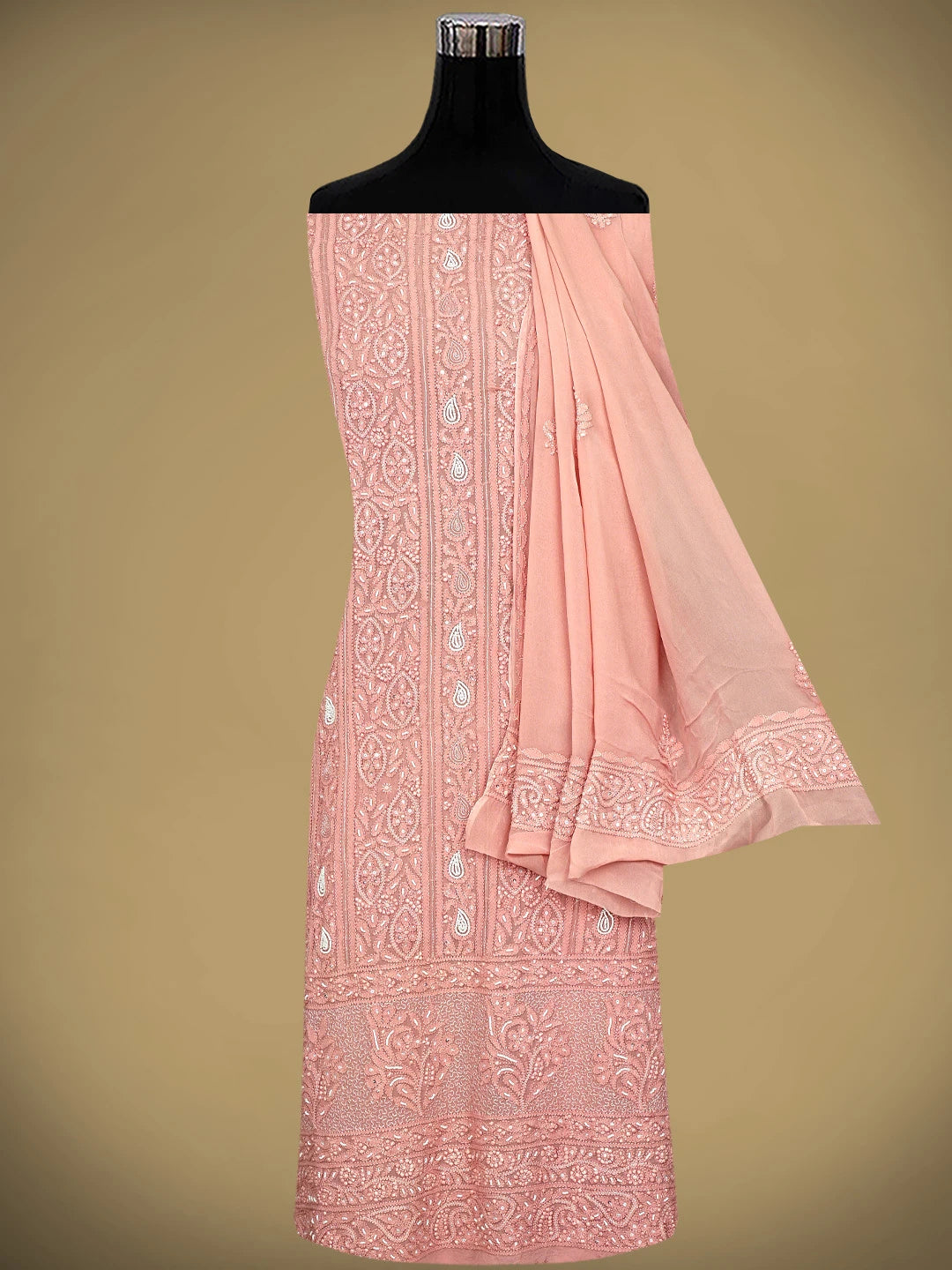 Ada Hand Embroidered Dusty Peach Viscose Georgette Lucknowi Chikankari Unstitched Kurta Dupatta Set With Pearl Work 01A957692