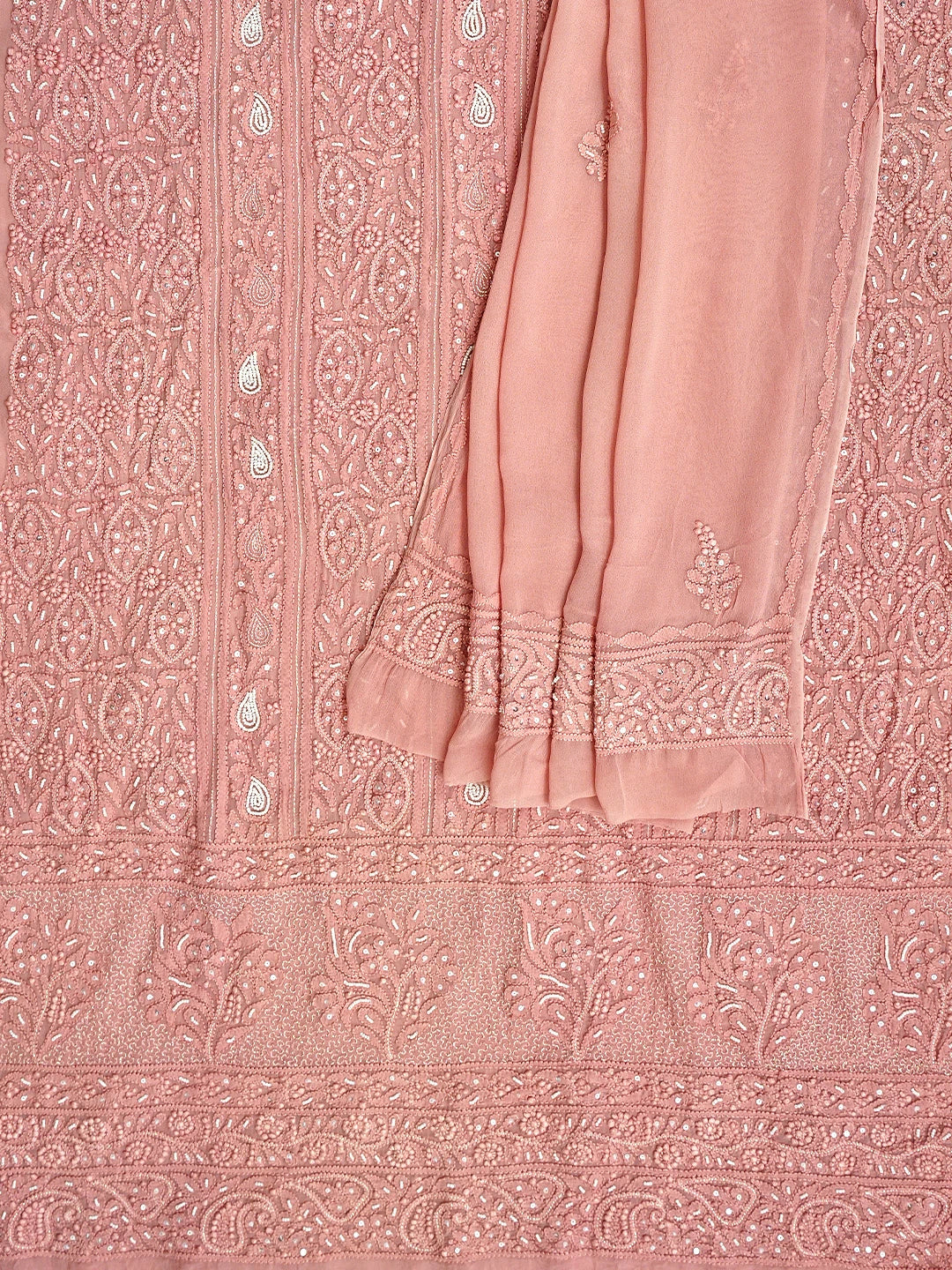 Ada Hand Embroidered Dusty Peach Viscose Georgette Lucknowi Chikankari Unstitched Kurta Dupatta Set With Pearl Work 01A957692