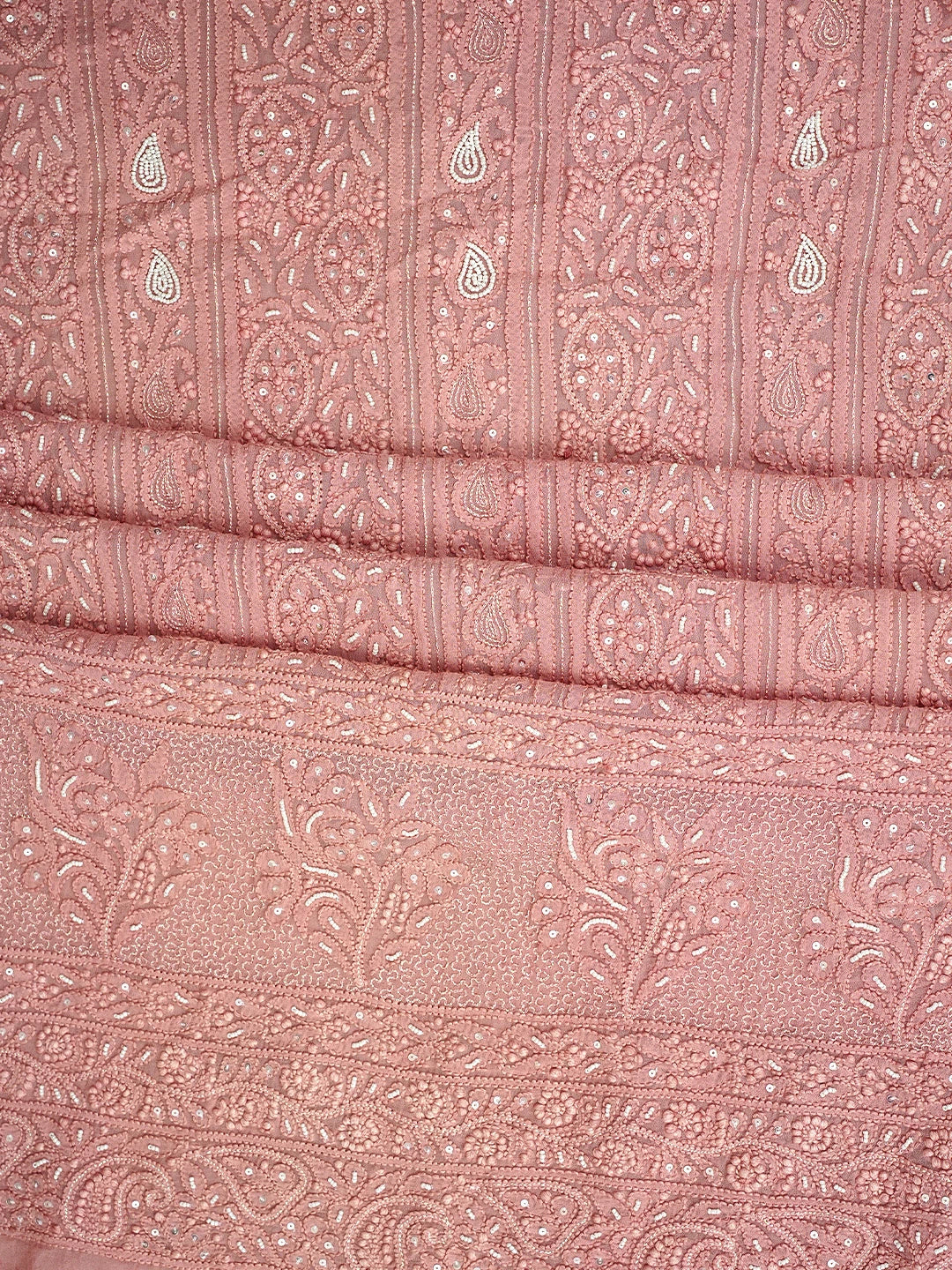 Ada Hand Embroidered Dusty Peach Viscose Georgette Lucknowi Chikankari Unstitched Kurta Dupatta Set With Pearl Work 01A957692