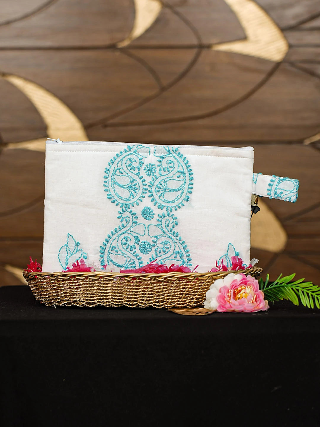 Ada Hand Embroidered White Cotton Lucknowi Chikankari Pouch 01A935794