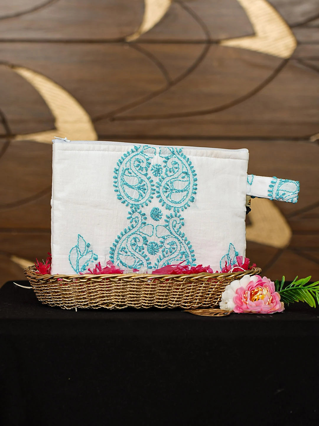 Ada Hand Embroidered White Cotton Lucknowi Chikankari Pouch 01A935794