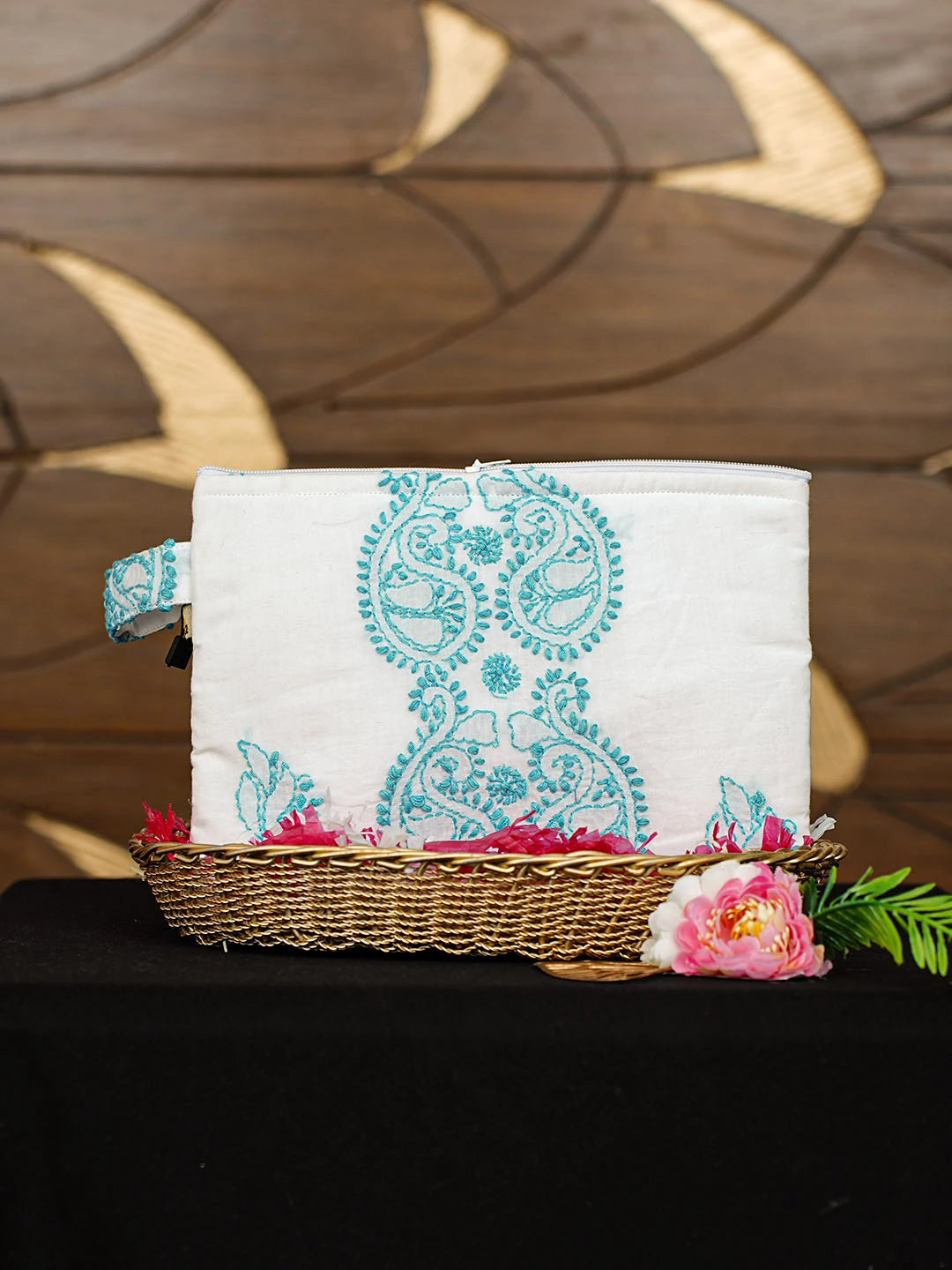 Ada Hand Embroidered White Cotton Lucknowi Chikankari Pouch 01A935794